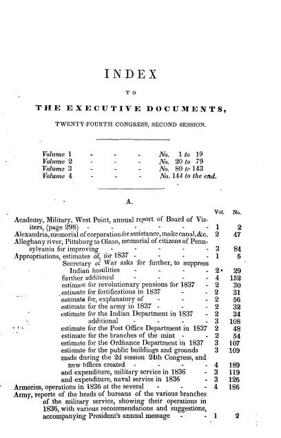 handle is hein.usccsset/usconset00302 and id is 1 raw text is: 







                          INDEX

                                 TO

      THE EXECUTIVE DOCUMENTS,

            TWENTY-FOURTH CONGRESS, SECOND SESSION.



        Volume I      -             -     No.   1 to 19
        Volume 2          -         -     No. 20 to 79
        Volume 3      -             -     No. 80 to 143
        Volume 4          -          -    No. 14,1 to the end.


                                 A.
                                                          Vol. No.
Academy, Military, West Point, annual report of Board of Vis-
     iters, (page 298) -    -             -      -      - 1      2
Alexandria, memorial of corporation for.tssistance, make canal, &c. 2  47
Alleghany river, Pittsburg to Olew', memorial of citizens of Penn-
     sylvania for improving  .     .      .      .      . 3     84
Appropriations, estimates of tbr 1837 -                    1     5
              Secretary of War asks for further, to suppress
                Indian iiosdilities -                   - 2.    29
              further additional          -      -      - 4    152
              estimate for revolutionary pensions for 1837  - 2 30
              estimate for fortifications in 1837 -     - 2     31
              estimate for, explanatory of'  -          - 2     56
              estimate for the army in 1837 -    -      - 2     32
              estimate for the Indian Department in 1837 - 2    34
                      additional                        - 3    108
              estimate for the Post Office Department in 1837  2 48
              estimate for the branches of the mint -   - 2     54
              estimate for the Ordnance Department in 1837 3   107
              estimate for the public buildings and grounds  3 109
              made during the 2d session 24th Congress, and
                new offices created              -        4    189
              and expenditure, military service in 1836 - 3    119
              and expenditure, naval service in 1836    - 3    126
Armories, operations in 1836 at the several               4    186
Army, reports of the heads of bureaus of the various branches
         of the military service, showing their operations in
         1836, with various recommendations and suggestions,
         accompanying President's annual message -     - 1      2


