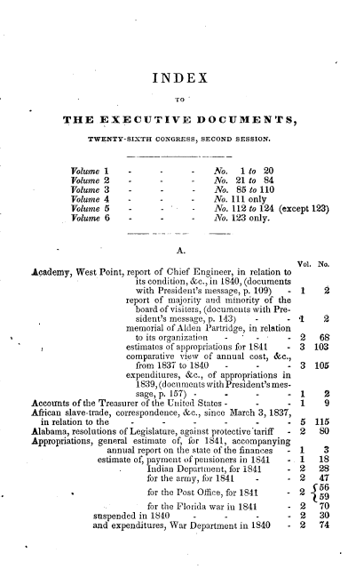 handle is hein.usccsset/usconset00386 and id is 1 raw text is: 






                          INDEX
                               To

       THE EXECUTIVE DOCUMENTS,

            TWENTY-SIXTH CONGRESS, SECOND SESSION.


         Volume 1    -                  No.   1 to 20
         Volume 2    -      -      -    No. 21 to 84
         Volume 3    -      -      -    No. 85 to 110
         Volume 4    -      -      -    No. 111 only
         Volume 5    -      -      -    No. 112 to 124 (except 123)
         Volume 6    -      -      -    No. 123 only.


                                A.
                                                          Vol. No.
Academy, West Point, report of Chief Engineer, in relation to
                       its condition, &c., in 1840, (documents
                       with President's message, p. 109)   1    2
                     report of majority and minority of the
                       board of visiters, (documents with Pre-
                       sident's message, p. 143) -      - -1    2
                     memorial of Alden Partridge, in relation
                       to its organization -     -      - 2    68
                     estimates of appropriations for IS4 - 3  103
                     comparative view of annual cost, &c.,
                       from 1837 to 1840                  3   105
                     expenditures, &c., of appropriations in
                       1839, (documents with President's mes-
                       sage, p. 157)   -         -      - 1     2
Accounts of the Treasurer of the United States -        - 1     9
African slave-trade, correspondence, &c., since March 3, 1837,
  in relation to the  -                                    5  115
Alabama, resolutions of Legislature, against protective'tariff  2  80
Appropriations, general estimate of, for 1841, accompanying
                annual report on the state of the finances  - 1 3
              estimate of, payment of pensioners in 1841 - 1   18
                         Indian Department, for 1841    - 2    28
                         for the army, for 1841  -      - 2    47
                         for the Post Office, for 1841  - 2    56
                                                              159
                         for the Florida war in 1841      2    70
              snspended in 1840                           2    30
              and expenditures, War Department in 1840    2    74


