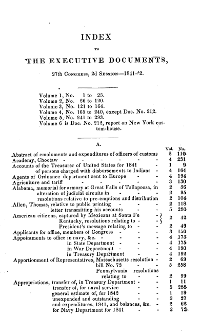 handle is hein.usccsset/usconset00403 and id is 1 raw text is: 




                          INDEX

                               TO

     'THE EXECUTIVE DOCUMENTS,

               27th CONGREss, 2d SEssIoN-1841-12.


          Volume , No.     I to 25.
          Volume 2, No. 26 to 120.
          Volume 3, No. 121 to 164.
          Volume 4, No. 165 to 240, except Doc. No. 21.
          Volume 5, No. 241 to 293.
          Volume 6 is Doc. No. 212, report on New York cus-
                                tom-house.

                                A.
                                                         Vol. No.
Abstract of emoluments and expenditures of officers of customs  2  11
Academy, Choctaw   -                                       4  231
Accounts of the Treasurer of United States for 1841   -    1    a
         of persons charged with disbursements to Indians - 4 164
Agents of Ordnance department sent to Europe          -    4  194
Agriculture and tariff                                -    3  130
Alabama, memorial for armory at Great Falls of Tallapoosa, in  2  36
          alteration of judicial circuits in -             2   95
          resolutions relative to pre-emptions and distribution  2  104
Allen, Thomas, relative to public printing                 2  118
               letter transmitting his accounts            5  280
 American citizens, captured by Mexicans at Santa Fe       2   42
                  Kentucky, resolutions relating to -      2
                  President's message relating to  -  -    2   49
 Applicants for office, members of Congress           -    3  150
 Appointments to office in navy, &c. -  -      -      -    4  173
                     in State Department -     -      -    4  175
                     in War Departmet                 -    4  190
                     in Treasury Depa-tment    -      -    4  192
 Apportionment of Representatives, Massachusetts resolution -  2  69
                                bill No. 73           -    5  258
                                Pennsylvania resolutions
                                  relating to  -      -    2   99
 Appropriations, transfer of, in Treasury Department - -   1   11
                transfer of, for naval service -      -    5  288
                general estimate of, for 1842  -      -    1   19
                unexpended and outstanding     -      -    2   27
                and expenditures, 1841, and balances, &c. - 2  62
                for Navy Department for 1841   -      -    2   73-


