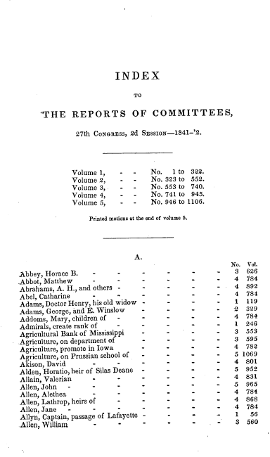 handle is hein.usccsset/usconset00411 and id is 1 raw text is: 








                    INDEX

                        TO


oTHE REPORTS OF COMMITTEES,


27th CONGRESS, 2d SEssIoN-1841-'2.




Volume 1,   -  -    No.   1 to 322
Volume 2,   -   -   No. 323 to 552
Volume 3,   -  -    No. 553 to 740
Volume 4,   -   -   No. 741 to 945
Volume 5,   -   -   No. 946 to 1106

    Printed motions at the end of volume 5.


Abbey, Horace B.                 -            -
Abbot, Matthew                  -            -
Abrahams, A. H., and others -
Abel, Catharine              -               -
Adams, Doctor Henry, his old widow  -
Adams, George, and E. Winslow   -      -     -
Addoms, Mary, children of -     -      -
Admirals, create rank of  --                 -
Agricultural Bank of Mississippi -     -
Agriculture, on department of   -      -
Agriculture, promote in Iowa    -      -
Agriculture, on Prussian school of -   -     -
Akison, David                -         -      
Alden, Horatio, heir of Silas Deane    -     -
Allain, Valerian             -              -
Allen, John        -      -            
Allen, Alethea               -         -     -
Allen, Lathrop, heirs of     -         -     -
Allen, Jane            -         -            -
Allyn, Captain, passage of Lafayette -
Allen, William      -                        


Vol.
626
784
892
784
119
329
784
246
553
595
782
1069
801
952
831
965
784
868
784
  56
  560


¥
V


).
i.


