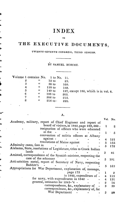 handle is hein.usccsset/usconset00422 and id is 1 raw text is: 







                          INDEX
                                TO

     THE EXECUTIVE DOCUME NTS,

              TWENTY-SEVENTH CONGRESS, THIRD SESSION.


                       BY SAMUEL BURCHE.


  Volume 1 contains No.  1 to No. ii.
         2             12 to     29.
         3             30 to    109.
         4            110 to    148.
         5            149 to    197, except 180, which is in vol. 6.
         6            198 to   205.
         7           206 to    216.
         8            216 to.  220.



                               A.
                                                         Vol. No.
Academy, military, report of Chief Engineer and report of
                     board of visiters, in 1842, page 258,260 -  1  2
                   resignation of officers who were educated
                     at the -     -      -      -     -   1    5
                   convention of militia officers at Albany
                     against      -             -     -   4  121
                  resolutions of Maine against        -   5  155
Admiralty cases, fees in          -      -     -      -   5  172
Alabama, State, resolutions of Legislature, titles to Creek Indian
          lands                         -                3    46
Amistad, correspondence of the Spanish minister, respecting the
          case of the schooner                 -      -   5  191
Anti-attrition metal, report of Secretary of Navy, respecting
          Babbitt's  -      -                 -          5  163
Appropriations for War Department, explanation of, message,
                                   page 175    -      -   1    2
                                 in 1842, expenditure of - 4 115
              for navy, with expenditures in 1842     -   4  131
              general, estimates for 1843-'4 -        -   2   16
                     correspondence, &c., explanatory of - 3  39
                     correspondence, &c., explanatory of,, for
                       War Department                     3   89


