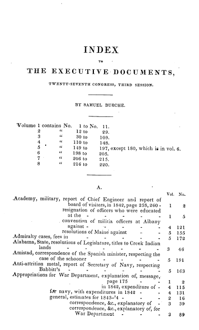 handle is hein.usccsset/usconset00424 and id is 1 raw text is: 







                           INDEX
                                 TO
     THE EXECUTIVE DOCUMENTS,

              TWENTY-SEVENTH CONGRESS, THIRD SESSION.



                        BY SAMUEL BURCHE.


  Volume 1 contains No.  1 to No. 11.
          2            12 to     29.
          3             30 to    109.
          4           110to     148.
          5           149 to    197, except 180, which is in vol. 6.
          6           198 to    205.
          7           206 to    215.
          8           216 to    220.



                                A.
                                                          Vol. No.
Academy, military, report of Chief Engineer and report of
                     board of visiters, in 1842, page 25S,260 -  1  2
                   resignation of officers who were educated
                     at the -             -                1    5
                   convention of militia officers at Albany
                     against          -                -   4  121
                   resolutions of Maine against        -   5  155
Admiralty cases, fees in    -                -             5  172
Alabama, State, resolutions of Legislature, titles to Creek Indian
          lands                                       -   3   46
Amistad, correspondence of the Spanish minister, respecting the
          case of the schooner    -                        5  191
Anti-attrition metal, report of Secretary of Navy, respecting
          Babbitt's                -      .                5  163
Appropriations for War Department, explanation of, message,
                                    page 175           -   1    2
                                  in 1842, expenditure of - 4 115
              fofr navy, with expenditures in 1842 -   -   4  131
              general, estimates for 1843-'4 -         -   2   16
                      correspondence, &c., explanatory of  -  3 39
                      correspondence, &c., explanatory of, for
                        War Department   -      -      -   3   89


