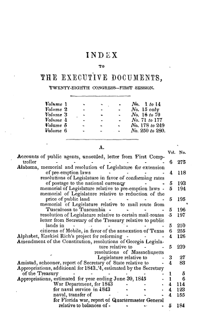 handle is hein.usccsset/usconset00442 and id is 1 raw text is: 








                            INDEX



         THE EXECUTIVE DOCUMENTS,
             TWENTY-EIGHI'H   OONGRESS--FIRST  SESSION,


           Volume  1                 - .           I to 14
           Volume  2       -      -           No. 15 only
           Volume  3              -      -    No. 16 to 70
           Volume  4       -      -      -    No. 71 to 177
           Volume  5              -      -    No, 178 to 249
           Volume  6          -      -        No. 250 to 280.


                                 A.
                                                            Vol. No.
Accounts of public agents, unsettled, letter from Pirst Comp-
  troller - - - - - - - 6 275
Alabama,  memorial and resolution of Legislature for extension
            of pre-emption laws             -      -      -  4   118
         resolutions of Legislature in favor of conforming rates
            of postage to the national curreney    -         5   193
         memorial of Legislature relative to pre-emption laws - 5 194
         memorial  of Legislature relative to reduction of the
           price of public land         -          -      -  5  195
         memorial  of Legislature relative to mail route from
            Tuscaloosa to Tuscumbia  -      -      -      -  5  196
         resolution of Legislature relative to certain mail-routes .5  197
         letter from Secretary of the Treasury relative to public
            lands in   - - - - - - 5 210
         citizens of Mobile, in favor of the annexation of Texas 6  255
Alphabet, Ezekiel Rich's project for reforming -   - - 4 126
Amendment   of the Constitution, resolutions of Georgia Legisla-
                                 ture relative to  -      -  5  239
                               resolutions of Massachigsetts
                               Legislature relative to    -  3   27
Amistad, schooner, report of Secretary of State relative to - 4  83
Appropriations, additional for 1843.'4, estimated by the Secretary
  of the Treasury      -      -      -      -      -      -       5
Appropriations, estimated for year ending June 30, 1845   -  1    6
               War Department, for 1843     -      -         4  114
               for naval service in 1843    -      -      -  4  123
               naval, transfer of    -         -          -  4  155
               for Florida war, report of Quartermaster General
                 relative to balances of -  - -* - 5 184


