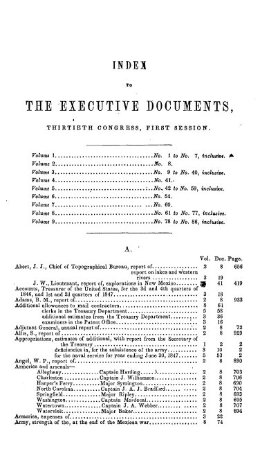 handle is hein.usccsset/usconset00514 and id is 1 raw text is: 










                                 INDEX


                                      TO



    THE EXECUTIVE DOCUMENTS,


           THIRTIETH CONGRESS, FIRST SESSION.




      Volume 1,...................................No. 1 to No. 7, inclusive. A
      Volume 2....................................No.   8.
      Volume 3....................................No. 9 to No. 40, inclusive,
      Volume 4....................................No. 41..
      Volume 5....................................No., 42 to No. 59, inclusive.
      Volume 6....................................No. 54.
      Volume 7..................................No. 60.
      Volume 8....................................No. 61 to  No. 77, inclusive.
      Volume 9....................................No. 78 to No. 86, inclusive.




                                     A.
                                                               Vol. Doc. Page.
Abert, J. J., Chief of Topographical Bureau, report of...............  2     8    656
                                        report on lakes and Western
                                          rivers .................  3 19
      J. W., Lieutenant, report of, explorations in New Mexico .......     41    419
Accounts, Treasurer of the United States, for the 3d and 4th quarters of
  1846, and 1st and 2d quarters  of 1847...............................  3  18
Adams, B. M ., report of.............................................  2    8    933
Additional allowances to mail contractors............................. 8    61
         clerks in the Treasury Department.......................... 5    58
         additional estimates from the Treasury Department.......... 3    36
         examiners in the Patent Office........................... ..3     16
Adjutant General, annual report of....................................2      8     72
Allis, S., report of .................................................. 2    8    929
Appropriations, estimates of additional, with report from the Secretary of
                the Treasury ...................................... 1 2      2
              deficiencies in, for the subsistence of the army...........3  10     2
              for the naval service for year ending June 30, 1847.......5  53      2
Angel, W. P., report of...  ..................................2       8    890
Armories and arsenals-
        Allegheny...........Captin  Harding...................2       8    703
        Charleston...........Captain . Williamson.............. 2     8   706
        Harper's Ferry........Major Symington..................2      8   690
        North Carolina.........Captain J. A. . Bradford..........2    8    704
        Springfield...........Major Ripley..... ................2     8    693
        Washington............Captain Mordecai...................2    8    695
        Watertown..............Captain J. A. Webber......... .....2   8    707
        W atervleit..............Major Baker........................  2     8     694
Armories, expenses of............................................... 3     22
Army, strength of the, at the end of the Mexican war .................58    74


