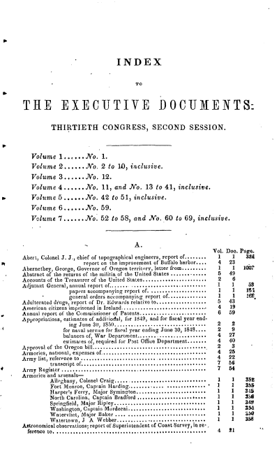 handle is hein.usccsset/usconset00537 and id is 1 raw text is: 









                                     INDEX


                                           TO



       THE EXECUTIVE DOCUMENT&


                THIRTIETH CONGRESS, SECOND SESSION.




          Volume   1......No.   1.
          Volume  2......  No.  2 to  11), inclusive.

          Volume  3......No. 12.

          Volume  4 ...... No.  11, and  No.   13 to 41, inclusive.

          Volume  5......Nio.   42  to 51, inclusive.

          Volume  6......No. 59.

          Volume  7......  No.  52  to 58, and  No.  60 to 69, inclusive.



                                           A.
                                                                    Vol. Doe. Page.
       Abert, Colonel J. J., chief of topographical engineers, report of.........1  1  324
Pt                        report on the improvement of Butfalo harbor .... 4 23
       Abernethey, George, Governor of Oregon territory, letter from.........   I    I  I=-
       Abstract of the returns of the militia of the United States ...............  49
       Accounts of the Treasurer of the United States.......................2     6
       Adjutant General, annual report of................................* *      1     5
                      papers accompanying report of. ....................     1    1  S8
                      general orders accompanying report of..............  I      1
       Adulterated drugs, report of Dr. Edwards relative to.................. 5  43
       American citizens imprisoned in Ireland.............................. 4    19
       Annual report of the Commissioner of Patents........................   6  B9
       Appropriations, estimates of additiodal, fir 1849, and for fiscal year end-
                      ing June 30, 1850...............................     2    2
                    for naval service for fiscal year ending June 30, 1848 .... 2  9
                    balances of, War Department........................4        27
                    estimales of, required for Post Office Department........4  40
       Approval of the Oregon bill......................................2         3
       Armories, national, expenses of...................................4       25
       Army list, reference to ..........................................4       22
                transcript of.........................................7         56
       Army Register ................................................7           54
       Armories and arsenals-
                Alleghany, Colonel Craig...............................     1    1    352
                Fort Monroe, Captain Harding..........................        1    3  
                Harper's Ferry, Major Syminaton.........................1        1    345
                North Carolina, Captain Bradford .................... 1   1     6
                Springfield, Major Ripley................................        1 I   M
                Washington, Captain Mordecai...........................         1 ***
                Watervliet, Major Baker .... ...........................  1 I .bQ
                Watertown, J A Webber................................ I        3M
       Astronomical observations; report of Superintendent of Coast Survey, in re-,
       ferenceeto .......................... I..................... .....  4  21


