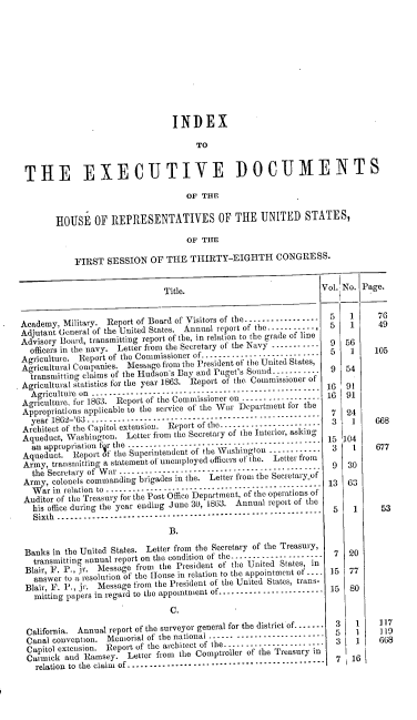 handle is hein.usccsset/usconset20183 and id is 1 raw text is: 












                                INDEX

                                     TO


THE EXECUTIVE DOCUMENTS

                                   OF THE


       HOUSE   OF  REPRESENTATIVES OF THE UNITED STATES,

                                   OF THE

           FIRST  SESSION  OF  THE  THIRTY-EIGHTH CONGRESS.


Title.                            Vol. No.


Academy, Military. Report of Board of Visitors of the --------------
Adjutant General of the United States. Annual report of the---------
Advisory Board, transmitting report of the, in relation to the grade of line
  officers in the navy. Letter from the Secretary of the Navy -----------
Agriculture. Report of the Commissioner of ------------------------
ricultural Companies.  Message from the President ot the United States,
  transmitting claims of the Hudson's Bay and Puget's Sound---------
Agricultural statistics for the year 1863. Report of the Commissioner of
  Agriculture on---------------------------------------------1
Agriculture, for 1863. Report of the Commissioner on -----------------  I
Appropriations applicable to the service of the War Department for the
  year 1862-'63 -- -------------------------------- - - - - -  -
Architect of the Capitol extension. Report of the ----------------------
Aqueduct, Washington.  Letter from the Secretary of the Interior, asking
  an appropriation fir thle---------------------------------------- I
  Aqueduct. Report of the Superintendent of the Washington ----------
  Army, transmitting a statement of unemployed officers of the. Letter frotn
  the Secretary of W ar- - - - - - - - - - - - - - - - - - - - - - -
  Army, colonels commanding 1rigades in the. Letter front the Secretary-f
  War  in relation to --------------------------------------------
  Auditor of the Treaury for the Post Office Department, of the operations of
  his office during the year ending June 30, 1863. Annual report of te
  S ix th ....- . .- . .----..----.     .-.  . .. . .. . . .. . .
                                B.

 Banks in the United States. Letter from the Secretary of the Treasury,
   transmitting annual report on the condition of the -----------------
 Blair, F. P., Jr. Message from the President of the United States, in
   answer to a resolution of the House in relation to the appointment of ----
 Blair, F. P., jr. Message from the President of the United States, trans-
   mitting papers in regard to the appointment of ....-.------------------
                                C.

 California. Annual report of the surveyor general for the district of.......
 Canal convention. Memorial of the national....-- -------------------
     it extensi n.Report of the architect of the --------------
 Carmick  and Ramsey.  Letter from the Comptroller of the Trim oa---y
   relation. to the claima of ........................................


5   1

9  56
5   1

9  54

6   91
6   91
7  24
3    1

5  104
3    1

9   30

13  63


5    1




7   20

15  77

15  80



3    1
5     1
3   1

7   1 1


Page.


   76
   49


   105


677


117
119
668


6


