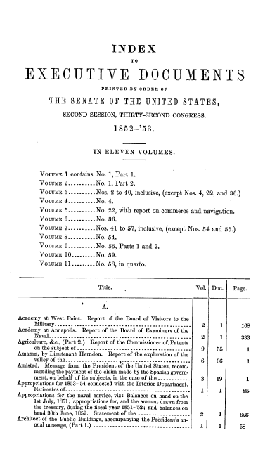 handle is hein.usccsset/usconset20649 and id is 1 raw text is: 





                             INDEX
                                   TO

   EXECUTIVE DOCUMENTS
                          PRINTED Y ORDER OF

          THE SENATE OF THE UNITED STATES,

              SECOND SESSION, THIRTY-SECOND CONGRESS,

                              1852-'53.


                       IN ELEVEN VOLUMES.


       VOLUME 1 contains No. 1, Part 1.
       VOLUME 2 .......... No. 1, Part 2.
       VOLUME 3 .......... Nos. 2 to 40, inclusive, (except Nos. 4, 22, and 36.)
       VOLUME 4 .......... No. 4.
       VOLUME   .......... No. 22, With report on commerce and navigation.
       VOLUME 6 .......... No. 36.
       VOLUME 7 .......... Nos. 41 to 57, inclusive, (except Nos. 54 and 55.)
       VOLUME 8 .......... No. 54.
       VOLUME 9 .......... No. 55, Parts 1 and 2.
       VOLUME 10 ........ No. 59.
       VOLUME 11 ......... No. 68, in quarto.


                         Title.                        Vol. Doe.  Page.


                         A.
Academy at West Point. Report of the Board of Visitors to the
     Military ................................................ 2      1       168
Academy at Annapolis. Report of the Board of Examiners of the
     Naval ............................................ 2     1      333
Agriculture, &c., (Part 2.) Report of the Commissioner of-Patents
     on the subject of ........................................  9   55         1
Amazon, by Lieutenant Herndon. Report of the exploration of the
     valley of the .......... ..           ............. 6   36        1
Anistad. Message from the President of the United States, recom-
     mending the payment of the claim made by the Spanish govern-
     ment, on behalf of its subjects, in the case of the ............  3  19     1
Appropriations for 1853-'54 connected with the Interior Department.
     Estimates of ............................................. 1 1   25
Appropriations for the naval service, viz: Balances on hand on the
     1st July, 1851; appropriations for, and the amount drawn from
     the treasury, during the fiscal year 1851-'52; and balances on
     hand 30th June, 1852. Statement of the ...................  2     1      626
Architect of the Public Buildings, accompanying the President's an-
     nual message, (Part 1.) ...................................  1    1      58


