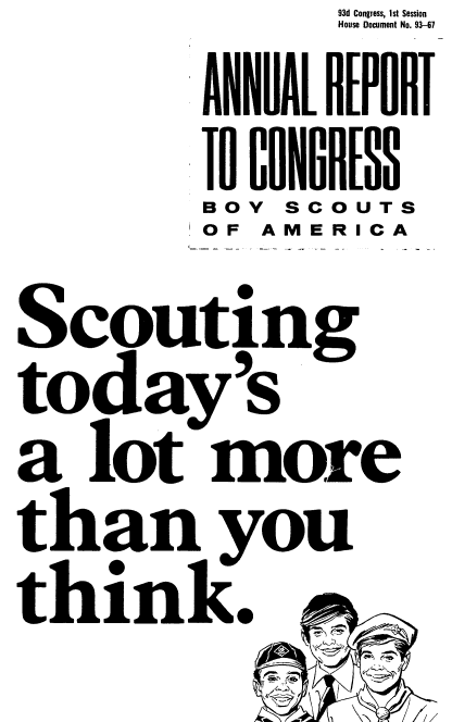 handle is hein.usccsset/usconset22827 and id is 1 raw text is:                93d Congress, 1st Session
               House Document No. 93-67
         ANNL  REiP ORT
         TO CONGR[ SS
         BOY SCOUTS
         OF AMERICA
Scouting
today 's
a  lot   more


than
thini


You
k.


