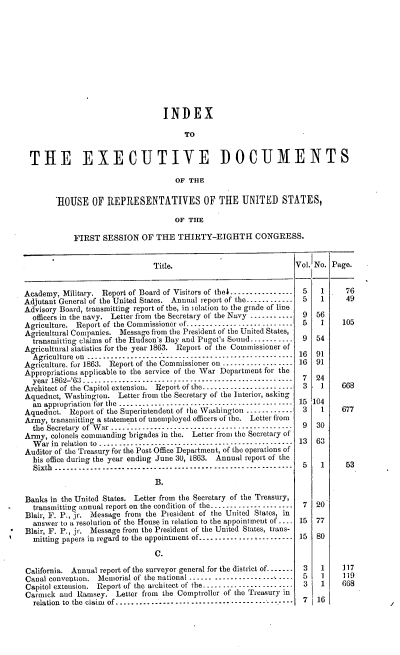 handle is hein.usccsset/usconset36935 and id is 1 raw text is: 












                                      INDEX

                                           TO


     THE EXECUTIVE DOCUMENTS

                                         OF THE


            HOUSE OF REPRESENTATIVES OF THE UNITED STATES,

                                         OF TIlE

                FIRST  SESSION   OF THE   THIRTY-EIGHTH CONGRESS.


                                    Title.                             Vol. No. Page.


    Academy, Military. Report of Board of Visitors of the......--... ----5 1     76
    Adjutant General of the United States. Annual report of the.--.- ....-.  5  1  49
    Advisory Board, transmitting report of the, in relation to the grade of line
      officers in the navy. Letter from the Secretary of the Navy ...... - ...  9  56
    Agriculture. Report of the Commissioner of....... ...... ...... ... ..  5 1   105
    Agricultural Companies. Messago from the President of the United States,
      transmitting claims of the Hudson's Bay and Puget's Sound-...... .... 9 54
    Agricultural statistics for the year 1863. Report of the Commissioner of
      Agriculture on ..----- -------- --- ---------- ---------- ----- -- 16 91
    Agriculture, fur 1863. Report of the Commissioner on ...... .... .... .... 16  91
    Appropriations applicable to the service of the War Department for the
      year 1862-'63--------.------------------------...---------        7   24
    Architect of the Capitol extension. Report of the. -. .. ..    .... __---------- 3  1  668
    Aqueduct, Washington.  Letter from the Secretary of the Interior, asking
      an appropriation for the ._.....--..--------------------------.  15 104
    Aqueduct.  Report of the Superintendent of the Washington .. -... . .. 3 1    677
    Army, transmitting a statement of unemployed officers of the. Letter from
      the Secretary of War --.---------------------------------...   9   30
    Army, colonels commanding brigades in the. Letter from the Secretary of
      War  in relation to-----------  ------------------------ 13         63
    Auditor of the Treasury for the Post Office Department, of the operations of
      his office during the year ending June 30, 1863. Annual report of the
      Sixth ------ ----- ------- ---- ---- ---- --------- .--- ---- ------.  5 1   53
                                    B.

    Banks in the United States. Letter from the Secretary of the Treasury,
-     transmitting annual report on the condition of the. - ---_ - - - -- -   -. ___7  20
    Blair, F. P., jr. Message from the President of the United States, in
      answer to a resolution of the House in relation to the appointment of .... 15  77
    Blair, F. P., jr. Message from the President of the United States, trans-
      mitting papers in regard to the appointment of....  _ _........  -  -  -.. _ 15  80

                                    C.

    California. Annual report of the surveyor general for the district of-.....  3  1  117
    Canal conveution. Memorial of the national .... .... ...   .__------.........  5  1  119
    Capitol extension. Report of the architect of the......----------.......  3  1 668
    Carmick  and Ramsey.  Letter from the Comptroller of the Treasury in
      relation to the claim  of...  7....-_----- ------1-------------.   7  16



