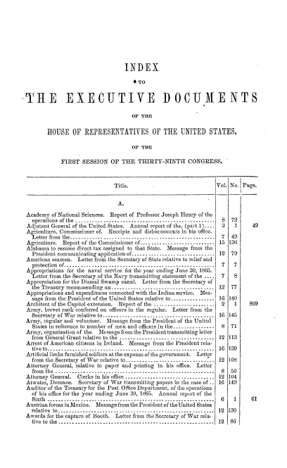 handle is hein.usccsset/usconset36954 and id is 1 raw text is: 










                                     INDEX

                                         TO


-TiHE EXECIJTIVE DOCUMENTS

                                       OF THE


         HOUSE OF REPRESENTATIVES OF THE UNITED STATES,

                                       OF THE

              FIRST  SESSION OF THE THIRTY-NINTH CONGRESS.



                                 Title.                              Vol. No. Page.


                                 A.

  Academy  of National Sciences. Report of Professor Joseph Henry of the
    operations of the --------------------------------------------.    8  72
  Adjutant General of the United States. Annual report of the, (part 1).._..  3  1 49
  Agriculture, Commissioner of. Receipts and disbursements in his office.
    Letter from the.----------.---.--------------------------------..  7  49
  Agriculture. Report of the Commissioner of.... ...... ...... ______------15 136
  Alabama to resume direct tax assigned to that State. Message from the
    President communicating application of..---. ........- ......-- .- ____--- 12  79
  American seamen.  Letter from the Secretary of State relative to relief and
    protection of-----------------------------.------------------- 7    7
  Appropriations for the naval service for the year ending June 30, 1865.
    Letter from the Secretary of the Navy transmitting statement of the ..  7  8
  Appropriation for the Dismal Swamp canal. Letter from the Secretary of
    the Treasury recommending an......._..__....... ...... _... ...._.... 12  77
  Appropriations and expenditures connected with the Indian service. Mes-
    sage from the President of the United States relative to.. ..  ..._--------. 16 140
  Architect of the Capitol extension. Report of the ..... . ..    . . _ _--------------2  1  809
  Army, brevet rank conferred on officers in the regular. Letter from the
    Secretary of W ar relative  to......_..._... _._...... _.... ...._.. ._. _.. 16  145
 Army,  regular and volunteer. Message from the President of the United
    States in reference to number of men and officers in the. ... ____-------- 8  71
  Army, organization of the. Message from the President transmitting letter
  from  General Grant relative to  the _........... __._.. .. _...... __...... 12  113
  Arrest of American citizens in Ireland. Message from the President rela-
    tiveto.--------------.-----------.--------------------------. 16 139
  Artificial limbs furnished soldiers at the expense of the government. Letter
    from the Secretary of W ar relative to__... __.. _.... ... _... _._......... 12  108
  Attorney General, relative to paper and printing in his office. Letter
    from the ----.--------------------------------------------   8  50
 Attorney General.  Clerks in his office ...... . . . .... .. .. .... _... .. _____12 104
 Atwater, Dorence.  Secretary of War transmitting papers in the case of .. 16 149
 Auditor of the Treasury for the Post Office Department, of the operations
   of his office for the year ending June 30, 1865. Annual report of the
   Sixth -----------------------------------------------------.     6      1      61
 Austrian forces in Mexico. Message from the President of the United States
   relative to------.----.--------------------------------------. 12 130
 Awards  for the capture of Booth. Letter from the Secretary of War rela-
    tive to the................. ....   ....................... 12  86


