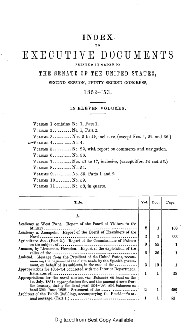 handle is hein.usccsset/usconset37461 and id is 1 raw text is: 







                             INDEX
                                  TO


  EXECUTIVE DOCUMENTS
                         PRINTED  BY ORDER  OF

         THE SENATE OF THE UNITED STATES,

              SECOND  SESSION, THIRTY-SECOND   CONGRESS,

                             1852-'53.



                       IN  ELEVEN VOLUMES.


       VOLUME 1 contains No. 1, Part 1.
       VOLUME 2..........No. 1, Part 2.
       VOLUME 3..........Nos. 2 to 40, inclusive, (except Nos. 4, 22, and 36.)
     -/VOLUME 4..........No. 4.
       VOLUME 5..........No. 22, with report on commerce and navigation.
       VOLUME 6--------No.  36.
       VOLUME 7--------Nos. 41 to 57, inclusive, (except Nos. 54 and 55.)
       VOLUME 8....-..--.No. 54.
       VOLUME 9-------... No. 55, Parts 1 and 2.
       VOLUME 10--.-.....No. 59.
       VOLUME 11.........No. 58, in quarto.



                         Title.                        Vol. Doc.  Page.


                         A.

Academy at West Point. Report of the Board of Visitors to the
     Military-------------------------------------------- 2   1     168
Academy at Annapolis. Report of the Board of Examiners of the
     Naval----------------.. .. . -----------------------------  2     1      333
Agriculture, &c., (Part 2.) Report of the Commissioner of Patents
     on the subject of..........-..------.---.------------------  9  55         1
Amazon, by Lieutenant Herndon. Report of the exploration of the
     valley of the-------------------------------.------- 6  36       1
Amistad. Message from the President of the United States, recom-
     mending the payment of the claim made by the Spanish govern-
     ment, on behalf of its subjects, in the case of the ............  3  19    1
Appropriations for 1853-'54 connected with the Interior Department.
     Estimates of...................-- ........-- .----.........  1   1        25
Appropriations for the naval service, viz: Balances on hand on the
     1st July, 1851; appropriations for, and the amount drawn from
     the treasury, during the fiscal year 1851-'52; and balances on
     hand 30th June, J852. Statement of the ...................  2    1       626
Architect of the Public Buildings, accompanying the President's an-
     nual message, (Part 1.) ...................................  1   1       58


Digitized from Best Copy Available


