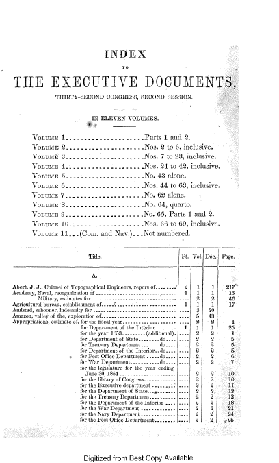 handle is hein.usccsset/usconset37468 and id is 1 raw text is: 








                             INDEX

                                   TO


THE EXECUTIVE DOCUMENTS,

              THIRTY-SECOND   CONGRESS,  SECOND  SESSION.


                         IN ELEVEN   VOLUMES.


      VOLUME 1.....................Parts 1 and 2.
      VoLUME   2.....................Nos. 2 to 6, inclusive.
      VOLUME   3.       ....................Nos. 7 to 23, inclusive.
      VOLUME   4.....................Nos. 24 to 42, inclusive.
      VOLUME 5.......-       ............No.  43 alone.
      VOLUME   6.-....................Nos. 44 to 63, inclusive.
      VoLUME   7 ..............--    ..   No. 62 alone.
      VOLUME 8...... ...      ..........No.   64, quarto.
      VOLUME   9...................No. 65, Parts 1 and 2.
      VOLUME 10.:................. .Nos. 66 to   69, inclusive.
      VOLUME   11... .(Com. and Nav.) - - Not numbered.



                        Title.                       Pt. Vol Doe. Page.


                        A.

Abert, J. J., Colonel of Topographical Engineers, report of....-...  2  1  1  217
Academy, Naval, reorganization of ------------------------ --1  1   1     15
        Military, estimates for - ............................ ..... 2  2  46
Agricultural bureau, establishment of.-- .  .----------------------- 1  1  1  17
Amistad, schooner, indemnity for ......................... .... .... 3  20
Amazon, valley of the, exploration of---- ------------------------  5  43
Appropriations, estimate of, for the fiscal year...........-..........  2  2  1
                      for Department of the Interior---------  1    1     25
                      for the year 1853.........(additional). .-.  2  2   1
                      for Department of State.-.-.. do.... ....  2  2    5
                      for Treasury Department -...... do.... ...  2  2    5
                      for Department of the Interior.do.... ....  2  2    5
                      for Post Office Department ..... do.... ....  2  2   G
                      for War Department........... do.... ....  2  2      7
                      for the legislature for the year ending
                      June 30, 1854 .......-- .---.............  2  2   10
                      for the library of Congress..---.--.. ---  2  2   10
                      for the Executive department ..,.....- ....  2  2   11
                      for the Department of State.. .-------  .--  2  2  12
                      for the Treasury Department.......... ....  2  2    12
                      for the Department of the Interior -.- ---. 2  2   18
                      for the War Department------------- ---- 2    2     21
                      for the Navy Department ............. . 2 2   24
                      for the Post Office Department........ ....2  2     25


Digitized from Best Copy Available


