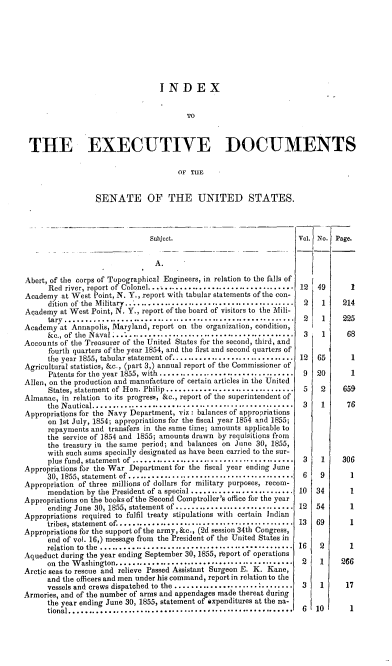 handle is hein.usccsset/usconset37507 and id is 1 raw text is: INDEX
TO
THE EXECUTIVE DOCUMENTS
OF TUE
SENATE OF THE UNITED STATES.
Subject.                              Vol. No. Page.
A.
Abert, of the corps of Topographical Engineers, in relation to the falls of
Red river, report of Colonel..................................... 12  49     1
Academy at West Point, N. Y., report with tabular statements of the con-
dition of the Military................................ ......... 2    1    214
Academy at West Point, N. Y., report of the board of visitors to the Mili-
tary..................--       .   -    .   ------------------- 2     1    225
Academy at Annapolis, 1aryland, report on the organization, condition,
&c., of the Naval..................................   ...........  3  1    68
Accounts of the Treasurer of the United States for the second, third, and
fourth quarters of the year 1854, and the first and second quarters of
the year 1855, tabular statement of............................... 12  65    1
Agricultural statistics, &c., (part 3,) annual report of the Commissioner of
Patents for the year 1855, with ..................................  9  20    1
Allen, on the production and manufacture of certain articles in the United
States, statement of Hon. Philip ................................ 5  2     659
Almanac, in relation to its progress, &c., report of the superintendent of
the Nautical.....................................  . ...     ..  3   1     76
Appropriations for the Navy Department, viz: balances of appropriations
on 1st July, 1854; appropriations for the fiscal year 1854 and 1855;
repayments and transfers in the same time; amounts applicable to
the service of 1854 and 1855; amounts drawn by requisitions from
the treasury in the same period; and balances on June 30, 1855,
with such sums specially designated as have been carried to the sur-
plus fund, statement of ......................................... 3   1    306
Appropriations for the War Department for the fiscal year ending June
30, 1855, statement of......................................... 6   9       1
Appropriation of three millions of dollars for military purposes, recom-
mendation by the President of a special .......................... 10  34    1
Appropriations on the books of the Second Comptroller's office for the year
ending June 30, 1855, statement of .............................. 12  54    1
Appropriations required to fulfil treaty stipulations with certain Indian
tribes, statement of................................... ..... 13  69       1
Appropriations for the support of the army, &c., (2d session 34th Congress,
end of vol. 16,) message from the President of the United States in
relation to the....................-...........--  -.... .16  2       1
Aqueduct during the year ending September 30, 1855, report of operations
on the Washington................................-.---..        2   1     266
Arctic seas to rescue and relieve Passed Assistant Surgeon E. K. Kane,
and the officers and men under his command, report in relation to the
vessels and crews dispatched to the .............................. 3  1     17
Armories, and of the number of arms and appendages made thereat during
the year ending June 30, 1855, statement of expenditures at the na-
tional......................................................... 6   10       1


