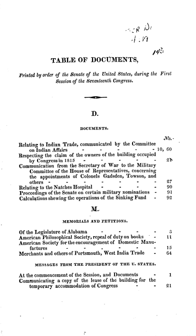 handle is hein.usccsset/usconset37785 and id is 1 raw text is: . 1 Mfr
TABLE OF DOCUMENTS,
Printed by order of the Senate of the United States, during the First
Session of the Seventeenth Congress.
D.
DOCUMENTS.
No. -
Relating to Indian Trade, communicated by the Committee
on Indian Affairs     -      -      -      -       - 10, 60
Respecting the claim of the owners of the building occupied
by Congress in 1815   -      -       -      -      -    2%
Communication from the Secretary of War to the Military
Committee of the House of Representatives, concerning
the appointments of Colonels Gadsden, Towson, and
others  -      -      -       -      -      -      -    27
Relating to the Natches Hospital  -      -      -       -    90
Proceedings of the Senate on certain military nominations - 91
Calculations shewing the operations of the Sinking Fund  -   92
M..
MEMORIALS AND PETITIONS.
Of the Legislature of Alabama     -      -      -      -      S
American Philosophical Society, repeal of duty on books  -   11
American Society for the encouragement of Domestic Manu-
factures       -      -             -       -      -    15
Merchants and others of Portsmouth, West India Trade   -     64
MESSAGES FROM THE PRESIDENT OF THE U. STATES.
At the commencement of the Session, and Documents      -      1
Communicating a copy of the lease of the building for the
temporary accommodation of Congress         -      -    21


