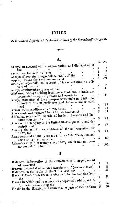 handle is hein.usccsset/usconset37797 and id is 1 raw text is: INDEX
To Executive Reports, at the Second Session of the Seventeenth Congress.
A.
Vol. Joo.
Army, an account of the organization and distribution of 1
the   -     -      -   -      -     -             1
Arms manufactured in 1822     -      -             - 1     2
Assays of certain foreign coins, result of the  -  - 1
Appropriations for 1823, estimates of  -    -      -
Army, moneys paid on account of transportation to offi-
cers of the  -     -      -      -
Army, contingent expenses of the     -      -         3   41
Alabama, moneys arising from the sale of public lands ap.  44
propriated to opening roads and canals in  -   - 3
Army, statement of the appropriations made in 1822, for
the-with the expenditures ,and balance under each  4  25
head        -      -      -
Armories, expenditures in 1822, at the  -   .      - 5    69
Arms made and repaired in 1822, statements of -    - 5    69
Alabama, relative to the sale of lands in Jackson and De-
catur counties, in  -     -
Arms now belonging to the United States, quantity and de-  7
scription of       -      -             -      - 5    7
Arming the militia, expenditure of the appropriation for 5  74
1822, for   -      -      -      -       .
Arms required annually for the militia of the West, inform-
ation as to the number of  -     -      -
Advances of public money since 1817, which has not been
accounted for, &c.  -     -      -
B.
Balances, infornratios of the settlement of a large amount  2
of unsettled -                   -
Boston, memorial of sundry merchants of (revenue laws)  1  11
Balances on the books of the Third Auditor  -      - 2    32
Bank of Vincennes, security obtained for the debt due from  5  82
the  -      -      -
Banks in which public money was deposited, additional in-
formation concerning the  -      -
Banks in the District of Columbia, expose of their affairs 6  86


