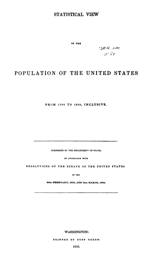 handle is hein.usccsset/usconset37868 and id is 1 raw text is: STATISTICAL VIEW
OF THE
j4 . t r

POPULATION OF THE UNITED STATES
FROM 1790 TO 1830, INCLUSIVE.

FURNISHED BY THE DEPARTMENT OF STATE,
Ir ACCORDANOR WITH
RESOLUTIONS OF THE SENATE OF THE UNITED STATES
O THE
28th FEIBRUARY, 1833, AND 31st MARCH, 1834.

WASHINGTON:
PRINTED BY DUFF GREEN.
1835.


