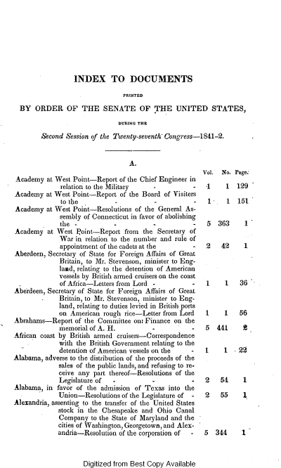 handle is hein.usccsset/usconset37910 and id is 1 raw text is: INDEX TO DOCUMENTS
PRINTED
BY ORDER OF THE SENATE OF THE UNITED STATES,
DURING THE
Second Session of the Twenty-seventh' Congress-1841-2.

A.

Academy at West Point-Report of the Chief Engineer in
relation to the Military   -          -
Academy at West Point-Report of the Board of Visiters
to the          -          -          -
Academy at West Point-Resolutions of the General As-
sembly of Connecticut in favor of abolishing
the -           -          -          -
Academy at West Point-Report from the Secretary of
War in relation to the number and rule of
appointment of the cadets at the      -
Aberdeen, Secretary of State for Foreign Affairs of Great
Britain, to Mr. Stevenson, minister to Eng-
land, relating to the detention of American
vessels by British armed cruisers on the coast
of Africa-Letters from Lord -         -
Aberdeen, Secretary of State for Foreign Affairs of Great
Britain, to Mr. Stevenson, minister to Eng-
land, relating to duties levied in British ports
on American rough rice-Letter from Lord
Abrahams-Report of the Committee on: Finance on the
memorial of A. H.          -          -
African coast by British armed cruisers-Correspondence
with the British Government relating to the
detention of American vessels on the -
Alabama, adverse to the distribution of the proceeds of the
sales of the public lands, and refusing to re-
ceive any part thereof-Resolutions of the
Legislature of  -          -          -
Alabama, in favor of the admission of Texas into the
Union-Resolutions of the Legislature of -
Alexandria, assenting to the transfer of the United States
stock in the Chesapeake and Ohio Canal
Company to the State of Maryland and the
cities of Washington, Georgetown, and Alex-
andria-Resolution of the corporation of  -

Vol. No. Page:
*1    1  129
1-   1   151

5 363

1

2   42   1

1    1   36
1    1   56
5 441     2
1    1 - 22

2   54
2   55

1
1

5 344     1

Digitized from Best Copy Available


