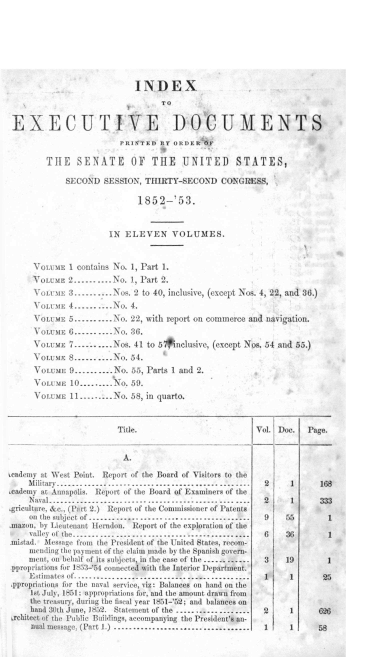 handle is hein.usccsset/usconset37956 and id is 1 raw text is: INDEX
TO
EXECUTIVE DOCUMENTS
PRINTED BY ORDERbF
THE SENATE OF THE UNITED STATES,
SECOND SESSION, THIRTY-SECOND CONGRESS,
1852-'53.
IN ELEVEN VOLUMES.
VoLUME 1 contains No, 1, Part 1.
VOLU.ME 2........... No. 1, Part 2.
VoLiMri; 3..........Nos. 2 to 40, inclusive, (except Nos. 4, 22, and 36.)
VOLIME 4.........NO. 4.
VOLiME 5.-------..No. 22, with report on commerce and navigation.
VOLUME 6.........--O. 3G.
VOLUME 7.----.....Nos. 41 to 5$*nclusive, (except Nos. 54 and 55.)
\oixsE 8..........No. 54.
VOLUME 9..........No. 55, Parts 1 and 2.
V OT1A   10.........No. 59.
VOLUME 11.-...... No. 58, in quarto.
Title.                             Vol. Doe.    Page.
A.
academy at West Point. Report of the Board of Visitors to the
Milirary        .        .         ..--------------------------------------------- 2  1  168
.cademy at Annapolis. Report of the Board of Examiners of the
Naval.        .      .        .      ..---------------------------------------------  2  1  333
.griculture, &c., (Part 2.) Report of the Commissioner of Patents
oil the subject of ...............---- ....---- ..............  9  55       1
mazon, by Lieutenant Herndon. Report of the exploration of the
valley of the....... ..........-------..--------...........  6   36         1
mistad. Message from the President of the United States, recom-
flmu ing the payment of the claim made by the Spanish govern-
mnlt, on behalf of its subjects, in the case of the ............  3  19     1
ppropriations toi 15:3-'54 conected with the Interior Department.
Lstimates. - ------------------------------------------------- 1  1   25
.ppropriatious tilr the naval service, viz: Balances on hand on the
lst July, 1851: appropriations for, and the amount drawn from
the treasury, during the fiscal year 1851-'52; and balances on
hand 30th June, 1852. Statement of the ................... 2      1      626
architect of the Public Buildings, accompanying the President's an-
nual message (Part l) ...................................  1      1      58


