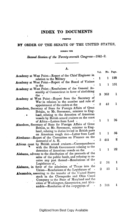 handle is hein.usccsset/usconset38254 and id is 1 raw text is: INDEX TO DOCUMENTS
PRDITED
BY ORDER OF THE SENATE OF THE UNITED STATES,
DURING THE
Second Session of the Twenty-seventh Congress-1841-2.

A.
Academy at West Point-Report of the Chief Engineer in
relation to the Military -
Academy at West Point-Report of the Board of Visiters
to the         -          -           -
Academy at West Point-Resolutions of the General As-
sembly of Connecticut in favor of abolishing
the -          -          -           -
Academy at West Point-Report from the Secretary of
War in relation to the number and rule of
appointment of the cadets at the     -
Aberdeen, Secretary of State for Foreign Affairs of Great
Britain, to Mr. Stevenson, minister to Eng-
.     land, relating to the detention of American
vessels by British armed cruisers on the coast
of Africa-Letters from Lord -        -
Aberdeen, Secretary of State for Foreign Affairs of Great
Britain, to Mr. Stevenson, minister to Eng-
land, relating to duties levied in British ports
on American rough rice-Letter from Lord
Abrahams-Report of the Committee on Finance on the
memorial of A. H.         -
African coast by British armed cruisers-Correspondence
with the British Government relating to the
detention of American vessels on the  -
Alabama, adverse to the distribution of the proceeds of the
sales of the public lands, and refusing to re-
ceive any part thereof-Resolutions of the
Legislature of,
Alabama, in favor of the admission of Texas into the
Union-Resolutions of the Legislature of -
Alexandria, assenting to the transfer of the United States
stock in the Chesapeake and Ohio Canal
Company to the State of Maryland and the
cities of Washington, Georgetown, and Alex-
andria-Resolution of the corporation of  -

Vol. No. Page.
1     1   129

1

1 151

5 363     1

2   42

1

1    1   36
1    1   56
5 441     2
1    1   22
2   34    1

2   53

5 344

1

1

Digitized from Best Copy Available


