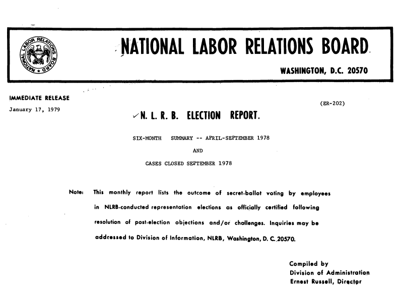 handle is hein.usfed/nlrbercc1979 and id is 1 raw text is: NATIONAL LABOR RELATIONS BOARD.
WASHINGTON, D.C. 20570
IMMEDIATE RELEASE
(ER-202)
January 17, 1979                     vN. L. R. B.    ELECTION     REPORT.
SIX-MONTH  SUMMARY -- APRIL-SEPTEMBER 1978
AND
CASES CLOSED SEPTEMBER 1978
Note:  This monthly report lists the outcome of secret-ballot voting by employees
in NLRB-conducted representation elections as officially certified following
resolution of post-election objections and/or challenges. Inquiries may be
addressed to Division of Information, NLRB, Washington, D. C.,20570.
Compiled by
Division of Administration
Ernest Russell, Directgr


