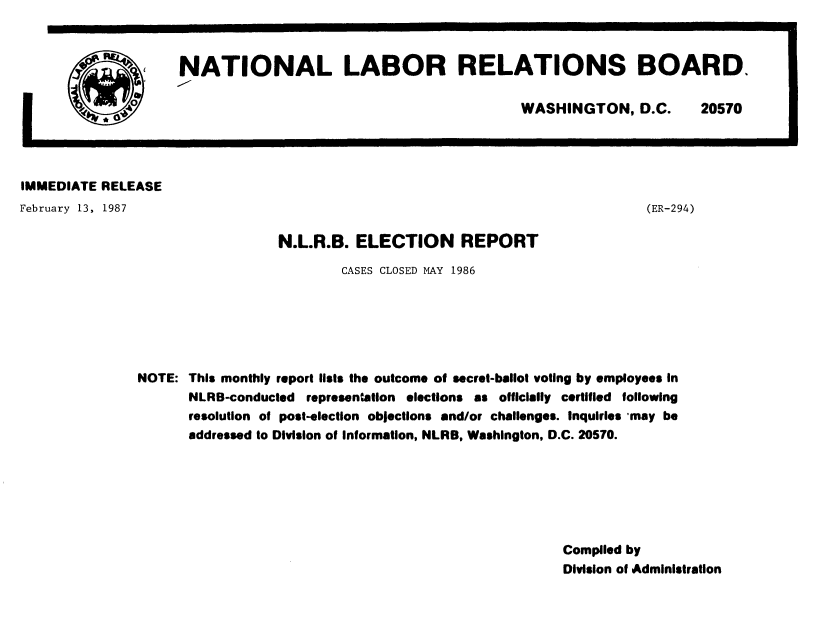 handle is hein.usfed/nlrbercc1987 and id is 1 raw text is: NATIONAL LABOR RELATIONS BOARD.

WASHINGTON, D.C.

20570

IMMEDIATE RELEASE

February 13, 1987

(ER-294)

N.L.R.B. ELECTION REPORT
CASES CLOSED MAY 1986
NOTE: This monthly report lists the outcome of secret-ballot voting by employees In
NLRB-conducted representatlon elections as officially certified following
resolution of post-election objections and/or challenges. Inquiries 'may be
addressed to Division of Information, NLRB, Washington, D.C. 20570.
Compiled by
Division of Administration

I


