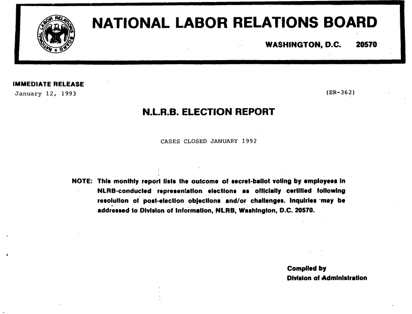 handle is hein.usfed/nlrbercc1992 and id is 1 raw text is: NATIONAL LABOR RELATIONS BOARD
WASHINGTON, D.C.  20570

IMMEDIATE RELEASE
January 12, 1993

N.L.R.B. ELECTION REPORT
CASES CLOSED JANUARY 1992
NOTE: This monthly report lists the outcome of secret-ballot voting by employees in
NLRB-conducted representation elections as officially certified following
resolution of post-election objections and/or challenges. Inquiries may be
addressed to Division of Information, NLRB, Washington, D.C. 20570.
Compiled by
Division of Administration

(ER-362)


