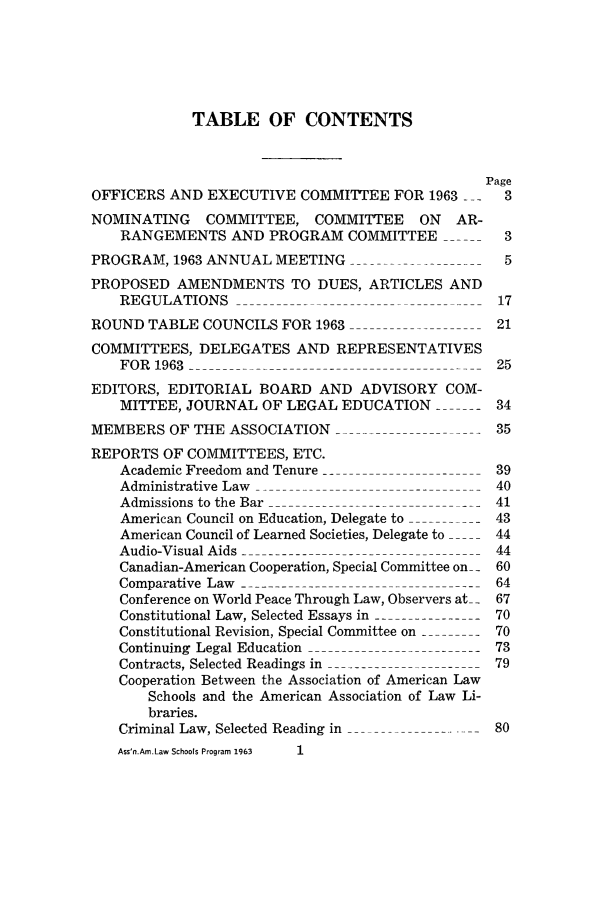 handle is hein.aals/aalspro0064 and id is 1 raw text is: TABLE OF CONTENTS
Page
OFFICERS AND EXECUTIVE COMMITTEE FOR 1963 - -         3
NOMINATING     COMMITTEE, COMMITTEE        ON   AR-
RANGEMENTS AND PROGRAM COMMITTEE ------           3
PROGRAM, 1963 ANNUAL MEETING                          5
PROPOSED AMENDMENTS TO DUES, ARTICLES AND
REGULATIONS                                      17
ROUND TABLE COUNCILS FOR 1963                        21
COMMITTEES, DELEGATES AND REPRESENTATIVES
FOR 1963         --                             25
EDITORS, EDITORIAL BOARD AND ADVISORY COM-
MITTEE, JOURNAL OF LEGAL EDUCATION ------ 34
MEMBERS OF THE ASSOCIATION-                          35
REPORTS OF COMMITTEES, ETC.
Academic Freedom and Tenure         --           39
Administrative Law                         -     40
Admissions to the Bar        --                 41
American Council on Education, Delegate to       43
American Council of Learned Societies, Delegate to ----- 44
Audio-Visual Aids---------------                 44
Canadian-American Cooperation, Special Committee on-_ 60
Comparative Law                                  64
Conference on World Peace Through Law, Observers at__ 67
Constitutional Law, Selected Essays in ----------------70
Constitutional Revision, Special Committee on  - 70
Continuing Legal Education            -     -- 73
Contracts, Selected Readings in              -   79
Cooperation Between the Association of American Law
Schools and the American Association of Law Li-
braries.
Criminal Law, Selected Reading in     ---       80
Ass'n.Am.Law Schools Program 1963  1



