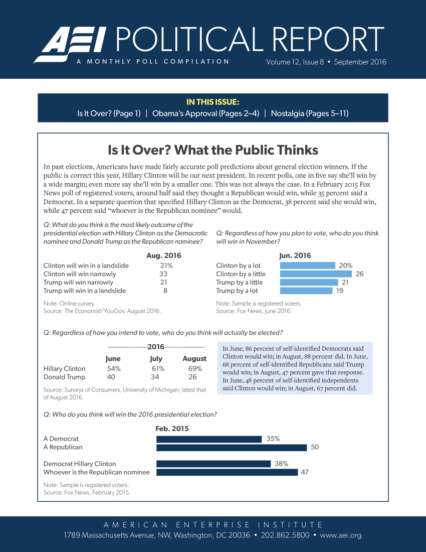 handle is hein.amenin/aeiaace0001 and id is 1 raw text is: 


iAEe PLITICA REPORT





                    IN THI ISSUE:








                  Is It Over? What the Public Thinks

 In past elections, Americans have made fairly accurate poll predictions about general election winners. If the
 public is correct this year, Hillary Clinton will be our next president. In recent polls, one in five say she'll win by
 a wide margin; even more say she'll win by a smaller one. This was not always the case. In a February 2015 Fox
 News poll of registered voters, around half said they thought a Republican would win, while 35 percent said a
 Democrat. In a separate question that specified Hillary Clinton as the Democrat, 38 percent said she would win,
 while 47 percent said whoever is the Republican nominee would.


Q: What do you think is the most likely outcome of the
presidential election with Hillary Clinton as the Democratic
nominee and Donald Trump as the Republican nominee?


Clinton will win in a landslide
Clinton will win narrowly
Trump will win narrowly
Trump will win in a landslide


Aug. 2016
    21%
    33
    21
    8


Clinton by a lot
Clinton by a little
Trump by a little
Trump bya lot


Note: Online survey.
Source: The Economist/YouGov, August 2016.


Note: Sample is registered voters.
Source: Fox News, June 2016.


Q: Regardless of how you intend to vote, who do you think will actually be elected?

                           2016               1n June. 86 nercent of


Hillary Clinton
Donald Trump


Source: Surveys of Consumers, University of Michigan; latest that
of August 2016.

Q: Who do you think will win the 2016 presidential election?

                             Feb. 2015
A Democrat
A Republican

Democrat Hillary Clinton
Whoever is the Republican nominee
Note: Sample is registered voters.
Source: Fox News, February 2015.


35%


-38%
                    4)


     Ag  M E    R  I C0 A N. EN E P00 ST T T
179MsahstsAeuN ,Wsigon0C206-228250  w~e~r


Q: Regardless of how you plan to vote, who do you think
will win in November?


Jun. 2016


20%


June
54%
40


July
61%
34


August
  69%
  26


