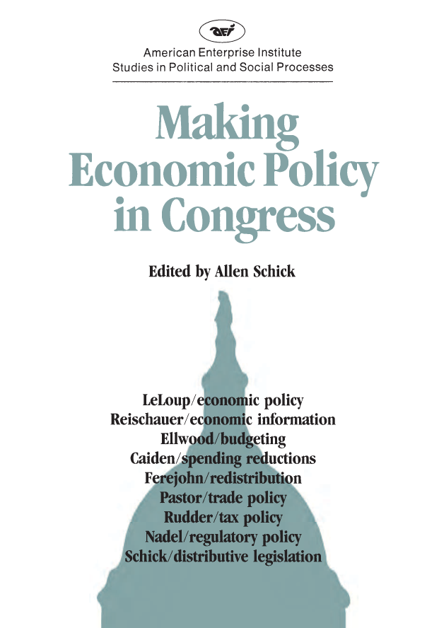 handle is hein.amenin/aeiaalv0001 and id is 1 raw text is: 





   Making Economic Policy in Congress
                ALLEN   SCHICK, EDITOR

Nine experts in political and economic decision making explain
   * how economic  policy emerges from the numerous com-
   mittees  and subcommittees of Congress
   * how Congress is handling pressures for spending cuts and
   the  shift from incremental to decremental budgeting
   * how Congress uses the vast amount of economic informa-
   tion  available to it
   * how Congress makes  trade, tax, and regulatory policies
The chapters of this book deal with overall policy and with how
Congress functions in a redistributive environment, as well as
with particular economic issues. The book concludes with an
assessment of the implications of economic difficulties for
Congress.
    Allen Schick is professor of public policy in the School of
Public Affairs at the University of Maryland and an adjunct
scholar at the American Enterprise Institute. He is the author of
Reconciliation and the Congressional Budget Process (AEI, 1981) and a
contributor to Both Ends of the Avenue: The Presidency, the Executive
Branch, and Congress in the 1980s (AEI, 1983).






                               US $12.00


      American   Enterprise  Institute
Studies  in Political and Social Processes


X



0
z
0



0

0

0
z



C)
Cl,

  CL
  Sl C
C) C


Edited   by  Allen   Schick


American Enterprise Institute for Public Policy Research
1150 Seventeenth Street, N.W., Washington, D.C. 20036


ISBN-13: 978-0-8447-3535-1
ISBN-10: 0-847-3535-3
                51200



9 780844 735351


