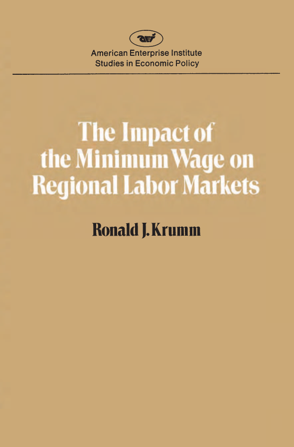 handle is hein.amenin/aeiaaud0001 and id is 1 raw text is: 






The Impact  of the Minimum  Wage  on Regional Labor Markets, by
Ronald  J. Krumm,  examines  the consequences of changes  in the
federal minimum  wage  for employment  in different industries and
regions. This study finds that lower-skill workers tend to be disem-
ployed when  minimum  wages are applied uniformly to all industries.
This results in a ripple effect on the wages of those remaining em-
ployed, increasing the earnings of higher-skill workers. When min-
imum   wages  are applied only in selected industries, higher-skill
workers tend to flow into jobs in the covered industries, while lower-
skill workers flow to the uncovered industries. The net result can be
a mere switching of workers employed in various industries without
any effect on employment or earnings. Similarly, the study finds that
regional differences in real minimum wages, which result from re-
gional differences in the cost of living, lead to flows of low- and
higher-skill workers that lessen the impact of the national minimum
wage  in nominally low-wage regions.
    Ronald J. Krumm  is a research fellow at the University of Chi-
cago.


ISBN 0-8447-3425-X  clothbound edition
ISBN 0-8447-3426-8 paperback edition












                                   ISBN  978-0-8447-3426-2





                                   |    1              90000


        American  Enterprise Institute for Public Policy Research
        1150 Seventeenth Street, N.W., Washington, D.C. 20036



