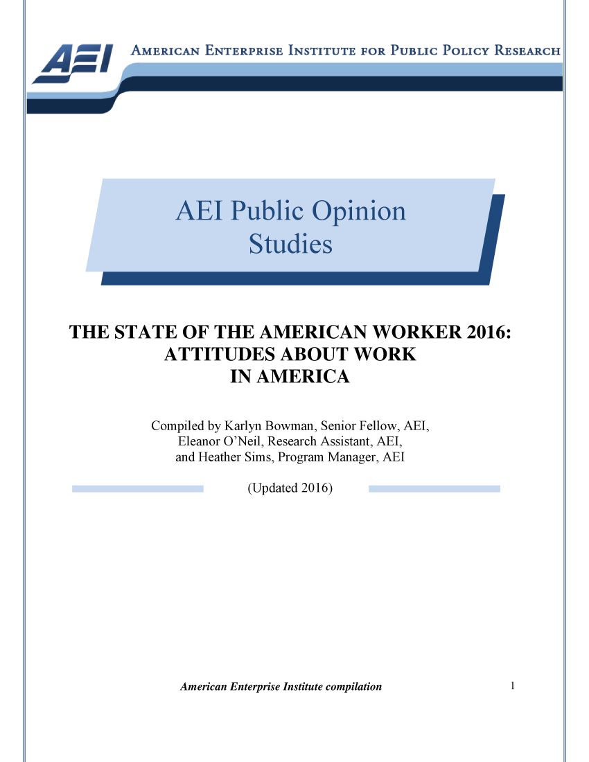 handle is hein.amenin/aeiaavv0001 and id is 1 raw text is: 

A lAMERICAN ENTERPRISE INSTITUTE FOR PUBLIC   POLIC-Y RESEARCH,
AA  I


THE  STATE OF THE AMERICAN WORKER 2016:
           ATTITUDES ABOUT WORK
                   IN AMERICA


          Compiled by Karlyn Bowman, Senior Fellow, AEI,
             Eleanor O'Neil, Research Assistant, AEI,
             and Heather Sims, Program Manager, AEl

                     (Updated 2016)


American Enterprise Institute compilationp


1


