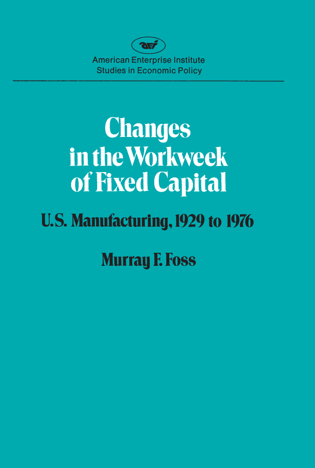 handle is hein.amenin/aeiabac0001 and id is 1 raw text is: 








Changes in the Workweek of Fixed Capital: U.S. Manufacturing,
1929 to 1976, by Murray F. Foss, examines the changes in the num-
ber of hours worked by manufacturing plants. Although employees
now work a much shorter week than they did a half century ago,
the workweek of fixed capital--factories, warehouses, and the like-
has lengthened by approximately 25 percent, because of increased
shift work. The author analyzes factors influencing this increase,
which has significance for the contributions of capital and produc-
tivity to the long-run growth of the U.S. economy. The basic data
came from a new survey of the Census Bureau and from the 1929
Census of Manufactures.
     Murray F. Foss, a visiting scholar at the American Enterprise
Institute, has served as a senior research associate at the National
Bureau of Economic Research in Washington and, from 1969 to 1975,
as a senior staff economist with the Council of Economic Advisers.
Earlier, he was editor of the Suroey of Current Business and chief
of the Current Business Analysis Division of the Bureau of Economic
Analysis in the Department of Commerce.




















                                             US $12,00

                                                iS N -13: 78q 0-4  7 -  342 3-


                                                B-     43 47 -
                                              -- - - - -


