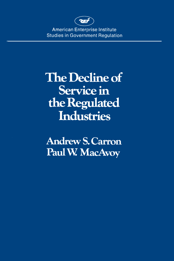 handle is hein.amenin/aeiabch0001 and id is 1 raw text is: 









The Decline of Service in the Regulated Industries, by Andrew S.
Carron and Paul W. MacAvoy, is a survey and appraisal of recent
regulatory experience in five industries-electric utilities, natural gas
disribution, telephone servie, airlines., and railroads. The authors
advance a theory of regulatory mismanagement that led to reduced
leveIs of service in the 1970s, Before 1965 regulatory conmissions
permitted the higher profit margins that flowed from rapidly in-
creasing productivity to be used for more and better service for
various groups of consumers. But the failure of regulatory bodies to
allow prices to increase with inflated costs after 1965 led to reduced
service quality. Slower productivity growth and accelerating inflation
in this adverse regulatory climate resulted in reduced investment
and slower growth of capacity. Recent improvements in regulatory
practice may ameliorate these undeixabie effects. Even so, attain-
ment of satisfactory performance in the future will depend on further
adiustments in the regulatory process to an :inflationary economic
climate.
     Andrew S. Carron cis a research associate in Ihe Economic Studies
Program at the Brookings Institution. Paul W. MacAvoy is Milton
Steinbach Professor of Organization and Management and Econom-
ics at Yale University and an adjunct scholar of the American En-
erprise linstitute'

L BN 0---.847-3417-9







                                           US S12.00
                                               I HN I -! 9 'I8 0 8  H 4 i1?  0
                                               I SB N  10 70  8 4  7   34 1 ,-

                                             9 713,14  4 7   3417 9





        te 1 A c.ran Enterprise intitute for Public Policy Research
        I50 Seen.teen t Street, N ,V., Washington. D.C. 20036



