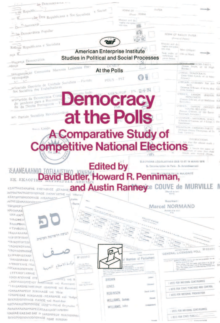 handle is hein.amenin/aeiabcl0001 and id is 1 raw text is: 








Democracy at the Polls- A Comparative Study of Competitive National
Elections, edited by David Butler, Howard R. Penniman, and Austin
Ranney, examines national elections in twenty-eight countries, includ-
ing Israel, India, Venezuela, and Japan, as well as the Anglo-American
and European democracies. In addition to analyzing underlying pat-
terns, this volume catalogs such matters as electoral systems, candi-
date selection, party organization and ideology, campaign practices,
media access, campaign financing, and voter turnout. It also traces the
following themes:
   the long-term effects of electoral rules on the shape of political life
    the unique features of electoral politics in the United States
    the frequency with which elections decide major constitutional
     issues, alter party systems, or redirect policy
    the prevalence of the new politics of opinion research and
     media professionals.
     In addition to the editors, the contributors consist of twelve lead-
ing students of electoral politics from  the United States, Britain,
Canada, and the Netherlands: Ivor Crewe, Leon D. Epstein, Dennis
Kavanagh, Anthony King, Jeane J. Kirkpatrick, Arend Lijphart, Khay-
yam Zev Paltiel, Anthony Smith, and Donald E. Stokes.
     David Butler is a fellow of Nuffield College, Oxford, and director
of the Nuffield series of studies of British general elections. Howard R.
Penniman is general editor of the American Enterprise Institute's At
the Polls series and an election consultant to the American Broadcast-
ing Company. Austin Ranney, a former president of the American
Political Science Association, is a resident scholar at the American
Enterprise Institute.


ISBN 0-8447-3405-5 clothbound edition
ISBN 0-8447-3403-9 paperback edition


m


0


0


  m


         American Ente,,Pn's, InstUte
  Studies in Pokical anld Socia  Prc (,sses

                   At thePcs








 M\ A



                                  % L.





'4                                      10
           aiai    il      a ,uI                n, vr\\


      ..........
      ..........
      ...........
  .... ...... ..
. . . . . . . . . . . .
..........
..........
    . .........
. . ........


American Enterprise Institute for Public Policy Research
1150 Seventeenth Street, NW., Washington, D.C. 20036


. 7818/A 734057


