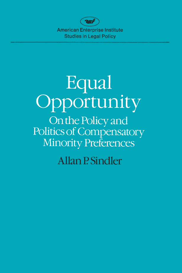 handle is hein.amenin/aeiabgt0001 and id is 1 raw text is: 








                 Equal Opportunity
               On the Policy and Politics
         of Compensatory Racial Preferences
                       ALLAN P. SINDLER

Affirmative action has been reinterpreted over the past decade
from a policy emphasizing racial neutrality to one justifying
compensatory racial preferences. Sindler examines some of the
hazards of compensatory racial preferences that its proponents
neglect or misunderstand. He recommends that politically
accountable officials-elected legislators and chief executives
-become involved in determining whether and when to adopt
compensatory racial preferences. In a postscript to his essay, the
author evaluates the record of the President and Congress in
meeting this objective in the first two years of the Reagan
administration.
     Allan P. Sindler is a professor and dean at the Graduate
School of Public Policy at the University of California, Berkeley.
His most recent books are Bakke, De Funis, and Minority Admis-
sions (1978), and as editor, American Politics and Public Policy
(1982).








                                     US $12.00
                                        ISBN-13 :978-0-8447-3525-2
                                        ISBN-10: 0-8447-3525-6

                                                1    1   5 1200

                                      9 780844 735 252



          American Enterprise Institute for Public Policy Research
          1150 Seventeenth Street, N.W., Washington, D.C. 20036


i iiiiiiiiiiiiiiiiiiiiiiiiiiiiiiiiiiiiiiiiiiiiiiiiiiiiiiiiiiiiiiiiiiiiiiiiiiiiiiiiiiiiiiiiiiiiiiiiiiiiiiiiiiiiiiiiiiiiiiiiiiiiiiiii iiili iilii   !  !  !i!!   i  ! !! i  !! !i:ii:i:ii:i:ii:i::i:i::i:i::i:ii:i:ii:i:ii:i::i:i::i:i::i:ii:i:ii:i:ii:i::i:i::i:i::i:ii :i:ii :i:ii :i::i:i::i:i::i:ii :i:ii:i:ii:i!
:::::::::::::::::::::::::::::::::::::::::: iiiiiiiiiiiiiiiiiiiiiiiiiiiiiiiiiiiiiiiiiiiiiiiiiiiiiiiiiiiiiiiiiiiiiiiiiiiiiiiiii i i i:iiiiii ii:i:iii i:ii:iiiiiiiiiiiiiiiiiiiiiiiiiiiiiiiiiiiiiiiiiiiiiiiiiiiiiiiiiiiiiiiiiiiiiiiiiiiiiiiiiiiiiiiiiiiiiiiiiiiiiiiiiiiiiiiiiiiiiiiiiiiii
                     .................................................................................................................................................................................................................................................................................................................................................................................................
                     :.:..:.::.:..:.::.:..:.::.:..:.:..:.::.:..:.::.:..:.::.:..:.:..:.::.:..:.::.:..:.::.:..:.:..:.::.:..:.::.:..:.::.:..:.:..:.::.:..:.::.:..:.::.:..:.:..:.::.:..:.::.:..:.::.:..:.:..:.::.:..:.::.:..:.::.:..:.::.:.::.:..:.::.:..:.::.:..:.::.:.::.:..:.::.:..:.::.:..:.::.:.::.:..:.::.:..:.::.:..:.::.:.::.:..:.::.:..:.::.:..:.::.:.::.:..:.::.:..:.::.:..:.::.:.::.:..:.::.:..:.::.:..:.::.:.
::..:::..:::..:::..:::..:::..::...::...::...::...::...::...::..:::..:::..:::..:::..:::..::...::...::...::...::...::...::..:::..:::..:::..:::..:::..:::..::...::...::...::...::...::..:::..:::..:::..:::..:::..:::..::...::...::...::...::...::..:::..:::..:::..:::..:::..:::..::...::...::...::...::...::..
:::::::::.:.:.:.:.:.:.:.:.:.:.:.:.:.:.:.:.:.:.:.:.:.:.:.::::::::::.:.:::::::::::.:.:.:.:.:.:.:.:.:.:.:.:.:.:.:.:.:.:.:.:.:.:.:.:.:.:.:.:.:.: . .:..:.:..:.:..:.:..:.:..:.:..:.:..:.:..:.:..:.:..:.:..:.:..:.:..:.:..:.:..:.:..:.:..:.:..:.:..:.:..:.:..:.:..:.:..:.:..:.:..:.:..:.:..:.:..:.:..:.:..:.:..:.:..:.:..:.:..:.:..:.:..:.:..:.:..:.:..:.:..:.:..:...................................
::..::..::..:: ..:: ..:: ..:: ..:: ..:: ..:: ..::..::.::..::..::..::..::..::..::..::..::..::..::..:..::..::..::..::..::.. :..::..::..::..::..::..:..::..::..::..::..::..::..::..::..::..::..::.::..::..::..::..::..::..::..::..::..::..::..::.::..::..::..::..::..::..::..::..::..::..::..:..::..::..::..::..::..::..::..::..::..::..::.
::..::..:: ..:: ..:: ..:: ..:: ..:: ..:: ..::..::..::..::..::..::..::..::..::..::..::..:..::..::..::..::..::..::..::..: ..::..::..::..::..::..::..::..::..::..::..::..::.::..::..::..::..::..::..::..::..::..::..::..::..::..::..::..::..::..::..::..::.::..::..::..::..::..::..::..::..::..::..::..::..::..::..::.. :..::..::..::..::.
:: ..::.:: ..::.:: ..: ..:: ..: ..::.:: ..::.::..:..::..:..::..:..::.::..::.::..:..::..:..::.::..::.::..:  .::..:..::..:..::.::..::.::..:..::..:..::.::..::.::..::.::..:..::..:..::.::..::.:  ......:......:......:..:...:..:......:.....  :. :..::.::..:..::..:..::..:..::.::..::.::..:..::..:..::.::..::.::..::.::..:..::..:..::.::..::.::.. :.. ::.. :..::.
:::..::: ..:: ...:: ..::: ..::: ..:: ...::..:::..::...::...::..:::..::...::...::..:::..::...::..:::..:::..::...::..::  ..::...::...::..:::..::...::...::..:::..::...::..:::..:::..::...::..:::..: :..::...::..:::..::...::...::..:::..::...::..:::..:::.. ::... ::..:::..:::..::...::..:::..::...::...::..:::..::...::..
:..::.::..:..::.::..:..::.::..:..::.::..:..::.::..:..::.::..:..::.::..:..::.::..:..::.::..:..::.::..:..::.::..:..::..:..::.::..:..::.::..:..::.::..:..::.::..:..::.::.. ..::.::..:..::.::..:..::.::..:..::.::..:..::.::..:..::.::.. :.::..:..::.::..:..::.::..:..::.::..:..::.::..:..::.::..:..::.::..:..::.::..:..::.::..:..::.::..:..::.::..:..::.
:..::.::..:..::.::..:..::.::..:..::.::..:..::.::..:..::.::..:..::.::..:..::.::..:..::.::..:..::.::..:..::.::..:..::..:..::.::..:..::.::..:..::.::..:..::.::..:..::.::.. ..::.::..:..::.::..:..::.::..:..::.::..:..::.::..:..::.::..::.::..:..::.::..:..::.::..:..::.::..:..::.::..:..::.::..:..::.::..:..::.::..:..::.::..:..::.::..:..::.::..:..::.
: .: :.: :.: :.: :.: :.: :.: :.: :.: :.: :.: :.:. .:. .:. .:. .:. .:. .:. .:. .:. .:. .:. .:. .:.: :.: :.: :.: :.: :.: :.: :.: :.: :.: :.: :.: :.:. .:. .:. .:. .:. .:. .:. .:. .:. .:. .:. .:.:  .: :.: :.: :.: :.: :.: :.: :.: :.: :.: :.: :.:. .:. .:. .:. .:. .:. .:. .:. .:. .:. .:. .:. .:.: :.: :.: :.: :.: :.: :.: :.: :.: :.: :.: :.:. .:. .:. .:. .:. .:. .:. .:. .:. .:. .:. .:. .:.: :.: :.: :.: :.: :.: :.: :.: :.: :.: :.: :.: :.:. .:. .:. .:. .:. .:. .:. .:. .:. .:. .:. .:.
:::.: .  ::::: :.:.:.:.:.:.:.:.:.:.:.:.:.:.:.:.:.:.:.:.:.:.:.:.:.:.:.:.:.::::::: ::...:::....:::...:::....:::...:::....:::...:::....:::...:::....:::...:::....:::...:::....:::...:::....:::...::::...:::...::::...:::...::::...: :...: :...: :...: :...: :...: :...: :...: :... M...A :...::...: :...: :...
::.::.::.: ..: ..:.::.::.: ..: ..:.::.::.: ..: ..:.::.::.: ..:..:..:.::.::.:..:..:.::.::.:..:..:.::.::.:..:..:.::.::.::.:..:..:.::.::.:..:..:.  .  . .. .. .  .  . .. .. .. .  .  . .. .. .  .  . .. .. .  .  . ..:..:.::.::.  :.:..:..:.::.::.:..:..:.::.::.:..:..:.::.::.:..:..:..:.::.::.:..:..:.::.::.:..:..:.::.::.:..:..:.::.::.::.:..:..:.::.::.:..:..:.::.::.:..:..:.::.::.:..:..:.
... ... .. ... .. ... .. ... ... .. ... .. ... .. ... ... .. ... .. ... .. ... ... .. ... .. ... .. ... ... .. ... .. ... .. ... .. ... ... .. ... .. ... .. ... ... .. ... .. ... .. ... ... .. ... .. ... .. ... ... .. ... .. ... .. ... .. ... ... .. ... .. ... .. ... ... .. ... .. ... .. ... ... .. ... .. ... .. ... ... .. ... .. ... .. ... ... .. ... .. ... .. ... .. ... ... .. ... .. ... .. ... ... .. ... .. ... .. ... ... .. ... .. ... .. ... ... .. ... .. ... .. ... ..
..::.::.::.::.::.::.::.::.::.::.::.::.::.::.::.::.::.::.::.::..:..:..:..:..:..:..:..:..:..:..:..:..:..:..:..:..:..:..:..::.::.::.::.::....::.::.::....::..:.::..:.:..::..:.:..::..:..:..:..:.. ........... ........:.....:..:..:..:..:..:..:..AA.AA.AA.A .. .::.::.::.::.::.::.::.::.::.::.::.::.::.::.::..:..:..:..:..:..:..:..:..:..:..:..:..:..:..:..:..:..:..:..:
            ........................................................................................................................  ...................................................... ...............................................................................................................................


                              .      ....... , :...... ......:....... . . ... ... - ::               :::::::::::::::::::::::::: ::::::::
i iiiiiiiiiiiiiiiiiiiiiiiiiiiiiiiiiiiiiiiiiiiiiiiiiiiiiiiiiiiiiiiiiiiiiiiiiiiiiiiiiiiiiiiiiiiiiiiiiiiiii:::.:i:iiiiiiiiiiii:i:.:.:i:iiiiiiiiiiiiiiiiiiiiiiiiiiiiiiiiiiiiiiiiiiiiiiiiiiiiiiiiiiiiiiiiiiiiiiiiiiiiiiiiiiiiiiiiiiiiiiiiiiiiiiiiiiiiiiiiiiiiiiiiiiiiii:.:iiiiiiiiiiiiiiiiiiiiiiiiiiiiiiiiiiiiiiiiiiiiiiiiiiiiiiigiiiiiiiiiiiiiiiiiiiiiiiiiiiiiiiiiiiiiiii
           i~~iii~~iii~~iii~~~ii~~~ii~~~iii~~iii~~iii~~iii~~~ii~~~ii~~~iii~~iii~~iii ~ ~ ~ .....  ..:.. :.:.:...  -                               ::iii:::ii:::i ii:::ii:::ii:::ii::::::i::::ii:::ii  :ii..:iii:::ii:::ii:::ii:::iii::iii::iii:::ii:::ii..:iii::iii::iii::iii:::ii:::ii:::iii::iii::iii:~~ii~~~ii~~~ii~~~iii~~iii~~iii~~~ii~~~ii~~~ii
                         .......................................................................................................   ..........  ...... ........,  ..... .. .......... .........  ...... .... ......  .....,...... ................................................ ..................................................................................................................
i iiiiiiiiiiiiiiiiiiiiiiiiiiiiiiiiiiiiiiiiiiiiiiiiiiiiiiiiiiiiiiiiiiiiiiiiiiiiiiiiiiiiiiiiiiiiiii  iiiiiiiiii iiiiiiii iiiii iiiii iiiiiii iiiii:iiiiii iiiii( iiiiii iii iiii iiiiiiiiiii ,:i:iiiiiiiii !!i iii ii ... -  ::::::::iiiiiiiiiiiiiiiiiiiiiiiiiiiiiiiiiiiiiiiiiiiiiiiiiiiiiiiiiiiiiiiiiiiiiiiiiiiiiiiiiiiiiiiiiiiiiiiiiiiiiiiiii
           :..:::..:::...::...::...:::..:::..:::...::...::...:::..:::..:::...::...::...::i..g I.  '.- . ..0, ......'. :' ':..'.....:::... .'::..:.....; <' : .''. .::. .:::..::,'L ..:..::. .:. ..:' ::...::...:::..:::..:::...::...::...:::..:::..:::...::...::...:::..:::..:::...::...::...::
....................................................................................................................................................................................................................................................... ...........................................................................
..............................................................................................................................................................::.........................................................:...................................................................
               iiiiiiiiiiiiiiiiiiiiiiiiiiiiiiiiiiiiiiiiiiiiiiiiiiiiiiiiiiiiiiiiiiiiiii  !!! i iii~ iii i iii!!iiiii!!i~ iiiiliilliiiiiiii...  -  -  -  -  .....  ::::::::::::::::::::::iiii!i~iiiiii~i iii! i~i ii!! i ii!!!!iiiiiiiiiiiiiiiiiiiiiiiiiiiiiiiiiiiiiiiiiiiiiiiiiiiiiiiiiiiiiiiiiiiiiiiiiii
................................................................................................................................................................................:................::....,......................................................................................
AMMON....                               ... ............ ... . .......... .. ..::.........::::::::.........::::::::.........::::::::......... :::::::.........::::::::........:::::::::........:::::::::........:::::::::........:::::::::........:::::::::........:::::::::........::::::::
,,,,,!!......Ii :::.......::::::......:::::::......::::::.......::::::......  ..... .........  - .......- . ...............  ...........:::::.......::::::......:::::::......::::::.......::::::......:::::::......::::::.......::::::......:::::::......::::::......
          :::::::.......:::::::.......:::::::.......:::::::........:::::::.......:::::::....... r::::::.......::::::::.......   ..:::.......:::::::.......:::::::........:::::::.......:::::::.......:::::::.......::::::::.......:::::::.......:::::::.......:::::::.......
          ::::....::::....::::....::::....::::....::::....::::....::::....::::....::::....::::....::::....::::....::::....::::....::::....r:::....::::....::::....::::....::::....::::.... f::....::::.... ..  ....:  -  .......'.... :::....::::....::::....::::.... .........::....::::....
          ........................................................................................................................................................................................................................................................................
          ..........................................................................................................................................................................................................................................................................................
          i iiiiiiiiiiiiiiiiiiiiiiiiiiiiiiiiiiiiiiiiiiiiiiiiiiiiiiiiiiiiiiiiiiiiiiiiiiiiiiiiiiiiiiiiiiiiiiiiiiiiiiiiiiiiiiiiiiiiiiiiiiiiiiiiiiiiiiiiiiiiiiiiiiiiiiiiiiiiiiiiiiiiiiiiiiiiiiiiiiiiiiiiiiiiiiiiiiiiiiiiiiiiiiiiiiiiiiiiiiiiiiiiiiiiiiiiiiiiiiiiiiiiiiiiiiiiiiiiiiiiiiiiiiiiiiiiii

::::::::::::::::::::::               i    ...a .., ...em A Z ii.....,..'... ' i ..?... . .. ......i., C ....'....i ............'..........'.........
O Miiiiiiiiiiiiiiiiiiiiiiiiiiiiiiiiiiiiiiiiiiiiiiiiiiiiiiiiiiiiiiiiiiiiiiiiiiiiiiiiiiiiiiiiiiiiiiiiiiiiiiiiiiiiiiiiiiiiiiiiiiiiiiiiiiiiiiiiiiiiiiiiiiiiiiiiiiiiiiiiiiiiiiiiiiiiiiiiiiiiiiiiiiiiiiiiiiiiiiiiiiiiiiiiiiiiiiiiiiiiiiiiiiiiiiiiiiiiiiiiiiiiiiiiiiiiiiiiiiiiiiiiiiiiiiiiiiiiiiiii


::::::::::::::::::::::::::::::::::::::::::::::::::::::::::::::::::::::::::::::::::::::::::::::::::::::::::::::::::::::::::::::::::::::::::::::::::::::::::::::::::::::::::::::::::::::::::::::::::::::::::::::::::::::::::
i iiiiiiiiiiiiiiiiiiiiiiiiiiiiiiiiiiiiiiiiiiiiiiiiiiiiiiiiiiiiiiiiiiiiiiiiiiiiiiiiiiiiiiiiiiiiiiiiiiiiiiiiiiiiiiiiiiiiiiiiiiiiiiiiiiiiiiiiiiiiiiiiiiiiiiiiiiiiiiiiiiiiiiiiiiiiiiiiiiiiiiiiiiiiiiiiiiiiiiiiiiiiiiiiiiiiiiiiiiiiiiiiiiiiiiiiiiiiiiiiiiiiiiiiiiiiiiiiiiiiiiiiiiiiiiiiiiiiiiiiiiiiiiiiiiiiiiiiiiiiiiiiiiiiiiiiiiiiiiiiiiiiiiiiiiiiiiiiiiiiiiiiiiiiiiiiiiiiiiiiiiiiiiiiiiiiiiiiiiiiiii


i iiiiiiiiiiiiiiiiiiiiiiiiiiiiiiiiiiiiiiiiiiiiiiiiiiiiiiiiiiiiiiiiiiiiiiiiiiiiiiiiiiiiiiiiiiiiiiiiiiiiiiiiiiiiiiiiiiiiiiiiiiiiiiiiiiiiiiiiiiiiiiiiiiiiiiiiiiiiiiiiiiiiiiiiiiiiiiiiiiiiiiiiiiiiiiiiiiiiiiiiiiiiiiiiiiiiiiiiiiiiiiiiiiiiiiiiiiiiiiiiiiiiiiiiiiiiiiiiiiiiiiiiiiiiiiiiiiiiiiiiiiiiiiiiiiiiiiiiiiiiiiiiiiiiiiiiiiiiiiiiiiiiiiiiiiiiiiiiiiiiiiiiiiiiiiiii


