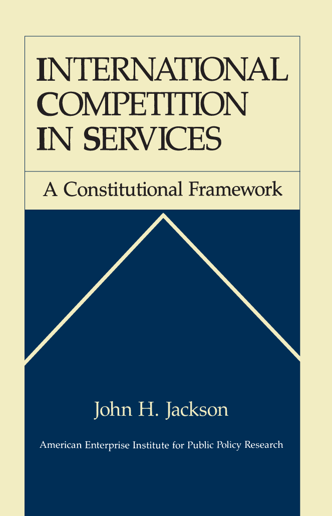 handle is hein.amenin/aeiabmx0001 and id is 1 raw text is: 







    International Competition in Services
              A Constitutional Framework
                        John H. Jackson


A carefully analyzed document that will be a helpful tool for negotiators....
The first comprehensive road map for the structure of a services understanding
and the tools by which it could be administered.
                               -RICHARD SELF
                                 Deputy Assistant
                                 U.S. Trade Representative
                                   for Services


A provocative and insightful analysis by the dean of GATT studies'
                               -JONATHAN ARONSON
                                 Associate Professor
                                 School of International Relations
                                 University of Southern California


A thought-provoking guide to the difficult issues negotiators face in devising
rules on international trade in services'
                               -MARGARET WIGGLESWORTH
                                 Executive Director
                                 Coalition of Service Industries, Inc.


Although goods make up less of the GNP of major industrial countries
than services do, most goods can be traded between countries within
a much more highly developed legal framework than is available for
services. In many nations where services are growing rapidly, govern-
ments are increasingly tempted to step in and regulate them, to protect
local entrepreneurs or consumers or other national interests. The time
seems propitious to develop an international regime for services trade
before national regulatory systems become hardened and difficult to
dismantle. The issues are analyzed here by one of the leading author-
ities on the General Agreement on Tariffs and Trade.





       S     American Enterprise Institute for Public Policy Research
             1150 Seventeenth Street, N.W, Washington, D.C. 20036

                                          ISBN 978--8447-3664-8

                                        1111111IIIIj        90000
                                        9780844 73664   E1111111


