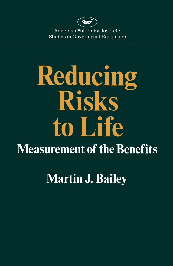 handle is hein.amenin/aeiabwv0001 and id is 1 raw text is: 





































































































































Reducing Risks to Life: Measurement of the Benefits, by Martin J.
















Bailey, develops the basic reasoning of benefit-cost analysis as it















applies to government programs and regulations intended to save
















lives. The author shows how to produce more benefits by shifting
















resources away from high-cost, low-benefit programs toward programs
















that save lives at lower costs. He also shows how to estimate the
















amount people are willing to pay for increased safety on the basis of















private job choices. Such estimates indicate that the value of the
















benefits of life-saving programs are far greater than the amounts the










saved workers produce at work. This information can help guide





















the allocation of resources to improve safety through public programs
















and regulation.
















     Martin J. Bailey is professor of economics at the University of
















Maryland.
















































ISBN 0-8447-3346-6


. . . . . . . . . . . . . . . . . . . . . . . . . . . . .
. . . . . . . . . .



. . . . . . . . . . . . . . . . . . . . . . .
. . . . . . . . . . . . . . . . . . .
. . . . . . . . . . . . . . . . . . . . . .

. . . . . . . . . . . . . . . . . . . . . . . .

. . . . . . . . . . . . . . . . . . . . . . . .

. . . . . . . . . . . . . . . . . . . . . . . .
        . . . . . . . . . . . . .
 . . . . . . . . . . . . . . . . . . . . . .
 . . . . . . . . . . . . .
 . . . . . . . . . . . . . .
 . . . . . . . . . . . . . . . . . .
 . . . . . . . . . . . . . .
        . . . . . . . . . . .
 . . . . . . . . . . . . . . . . . . . .

 . . . . . . . . . . . . . . .

 . . . . . . . . . . . . . .

 . . . . . . . . . . . . . . . . . .

 . . . . . . . . . . . . . . . . . . . . . . . . . .
 . . . . . . . . . . . . . . . . . . . . . . .
 . . . . . . . . . . . . . . . . . . . . . . . . . . . .
            .............
. . . . . . . . . . . . . . . . . . . . . . . . . . . . . . . . . . .
       . . . . . . . . . . . . . . . . . . . . . .
            .............


. . . . . . . . . . . . . . . . .
. . . . . . . . . . . . . .
. . . . . . . . . . . . . . . . . . .
. . . . . . . . . . . .
         .... ..... ..

. . . . . . . . . . . .

. . . . . .  . . . . .

. . . . . .  . . . . .

. . . . . .  . . . . .
. . . . .    . . . . . . . . . . . .
         . . . . . . . . . . . . . . . . . . .
. . . . . . . . . . . . . . . . . . . .
. . . . . . . . . . . . . . . . . . . . .
. . . . . . . . . . . .
. . . . . . . . . . . . . . . . . . . . . .

. . . . . . . . . . . . . . . . . . . . . .
. . . . . . . . .   . . .
. . . . . . . . . . . . . . . . . . . . . . .

. . . . . . . . . . . . . . . . . . . . . . .
. . . . . . . . . . . . . . . . .
         . . . . . . . . . . . . . . . . .
. . . . . . . . . . . . . .
. . . . . . . . . . . . . . . . . . . . . . . . . . . . .

. . . . . . . . . . . . . . . . . . . . .

. . . . . . . . . . . . . . . . . . . . . .
. . . . . . . . . . . . . .
. . . . . . . . . . . . . . . . . . . . .
. . . . . . . . . . . . . . .
. . . . . . . . . . . . . . . . . . . . . .
. . . . . . . . . . . . . . .
. . . . . . . . . . . . . . . . . . . . . . .
. . . . . . . . . . .
. . . . . . . . . . . . . . . . . . . . . .
. . . . . . . . . . . . . . . . . .
         . . . . . . . . . . . . . . .
      . . . . . . . . . . . . . . . . .
             . . . . . . . . . . . . .
. . . . . . . . . . . . . . . . . . . . . . . . . . . . . . .


American Enterprise Institute for Public Policy Research














1150 Seventeenth Street, N.W., Washington, D.C. 20036
























































                              ISBN 978-0-8447-3346-3















                                                    90000





















































































                             9_ 78084'41 733463       ---


. . . . . . . . . . . . . . .
. . . . . . . . . . . . . . . .
. . . . . . . . . . . . . . . .
. . . . . . . . . .

. . . . . . . . . . . .
. . . . . . . . . . . . .
. . . . . . . . . . .

. . . . . . . . . . . . .
. . . . . . . . . .
. . . . . . . . . . . . .
. . . . . . . . . . . . . . .
. . . . . . . . . . . .
. . . . . . . . . . . . . . .
. . . . . . . . . . . .
. . . . . . . . . . . . . . .
. . . . . . . . . . . . .
. . . . . . . . . . . . . . .
. . . . . . . . . . . .
. . . . . . . . . . . . . . .



. . . . . . . . . . . . .
. . . . . . . . . . . . .
. . . . . . . . . . . .
. . . . . . . . . . . . .
. . . . . . . . . . . .
. . . . . . . . . . .
. . . . . . . . . . . .

. . . . . . . . . . . .


