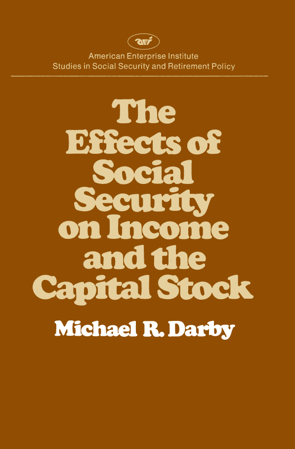 handle is hein.amenin/aeiacmq0001 and id is 1 raw text is: 







The  Effects of Social Security on Income and  the Capital Stock, by
Michael  R. Darby, focuses on how  the social security program affects
the ratio of aggregate  saving  to income  and  the supply  of labor
offered for employment.  It evaluates the bases for previous estimates
of the reductions in the capital stock resulting from social security,
and  it attempts to improve on those estimates.
     The  author shows  that a reduction in either the saving-income
ratio or the fraction of the population participating in the labor force
will lower income  and  the capital stock. New  time  series evidence
corroborates earlier estimates that social security has in fact caused a
large reduction in the saving-income ratio, whereas under reasonable
alternatives the estimates indicate no reductions in this ratio, or even
increases in it. Overall, it is estimated that the social security program
reduces domestic  output from  0 to 4 percent and reduces the capital
stock from  0 to 15 percent.
     Michael R. Darby  is professor of economics at the University of
California, Los Angeles, and research associate at the National Bureau
of Economic  Research.




















         American Enterprise Institute for Public Policy Research
         1150 Seventeenth Street, N.W., Washington, D.C. 20036

                                             ISBN 978-0-8447-3329-6


                                             || III      ||  9 0 000
                                             9 780844 733296


