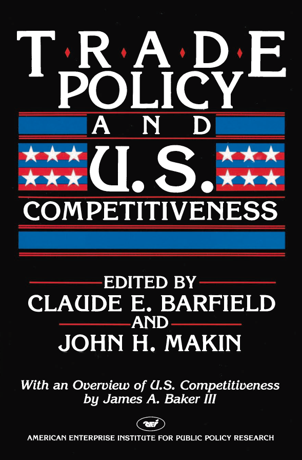handle is hein.amenin/aeiacso0001 and id is 1 raw text is: 










       TRADE POLICY AND

     U.. COMPETITIVENESS

CLAUDE E. BARFIELD AND JOHN H. MAKIN, EDITORS


Economists, trade policy experts, and legislators express their views on
the competitive position of the United States in world trade. They
debate the role of the president and Congress in formulating and
implementing  trade policy, the implications of protectionist trade
measures,  industrial and labor adjustment strategies, and com-
petitiveness as an issue in political campaigns.
  Another AEl publication, Competitiveness: The United States in World
Trade by Sven W. Arndt and Lawrence Bouton, focuses on the causes
of the large U.S. trade deficit and on what can be done to enhance U.S.
competitiveness.


I do not believe we can  become  more  competitive by passing a
protectionist trade bill. We can become competitive only by competing,
not by closing ourselves off from the world.
                            JAMS   A BAfIR
                            Secretary of the Treasury


 Although ... trade protectionism is ostensibly aimed at foreign targets,
 the real cost of such trade wars comes back home in the form of higher
 prices, reduced availability of desired products, lower standards of living,
 and lost job opportunities.'

                             U.S. Representative (R-Tex.)




                                           US $12.00


ISBN-13. 978-0-847-3b634-1
ISBN-10: 0-8447-3634-1
               51200



9 780844 736341



