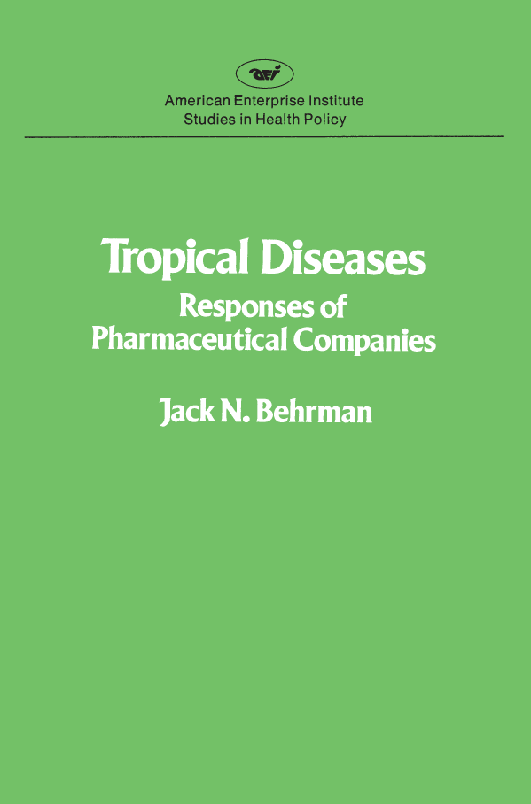 handle is hein.amenin/aeiacsp0001 and id is 1 raw text is: 






Tropical Diseases: Responses of Pharmaceutical Companies, by Jack
N. Behrman,  examines  the efforts of American and European com-
panies to eradicate the six most prevalent tropical diseases-malaria,
schistosomiasis, filariasis, trypanosomiasis, leishmaniasis, and lep-
rosy. Drawing  on  field observations, interviews, and a variety of
published sources, Professor Behrman  surveys a range of programs
conducted  both in company   laboratories and in conjunction with
health agencies in developing countries. The book includes a case
study of a major Brazilian program to control schistosomiasis.
    Jack N. Behrman   is Luther Hodges Distinguished Professor of
Business  Administration at the  University of North  Carolina at
Chapel  Hill.





























                                             US $12.00


ISBN-13: 978-0-8447-3393-7
ISBN-10: 0-8447-3393-8
                 51200



9 780844 733937


