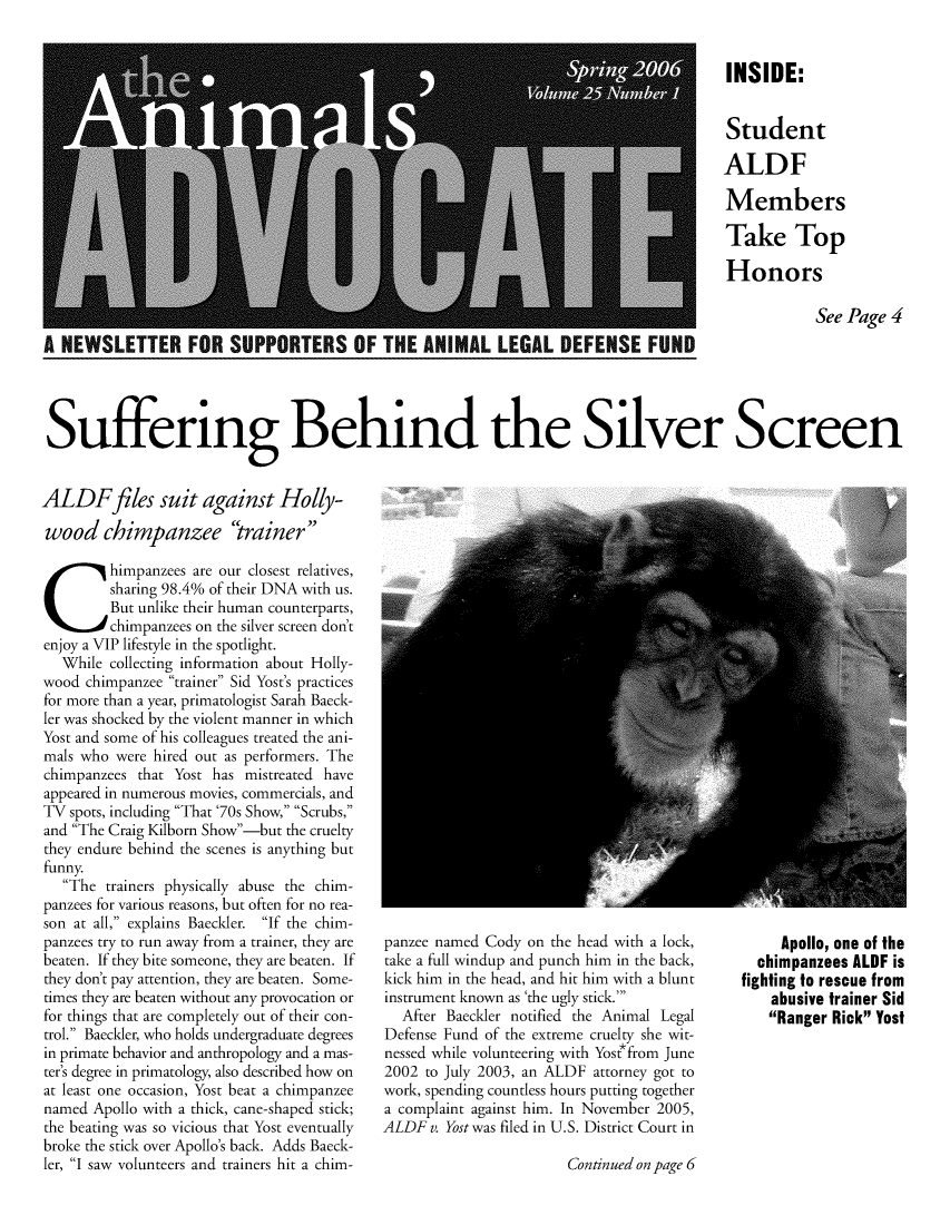 handle is hein.animal/aniad0025 and id is 1 raw text is: II   INSIDE:
Sm   S  Student
ALDF
Members
Take Top
AX         H onors
See Page 4
A NEWSLETTER FOR SUPPORTERS OF THE ANIMAL LEGAL DEFENSE FUND
Suffering Behind the Silver Screen

ALDFfiles suit against Holly-
wood chimpanzee 'trainer
Chimpanzees are our closest relatives,
sharing 98.4% of their DNA with us.
But unlike their human counterparts,
chimpanzees on the silver screen don't
enjoy a VIP lifestyle in the spotlight.
While collecting information about Holly-
wood chimpanzee trainer Sid Yost's practices
for more than a year, primatologist Sarah Baeck-
ler was shocked by the violent manner in which
Yost and some of his colleagues treated the ani-
mals who were hired out as performers. The
chimpanzees that Yost has mistreated have
appeared in numerous movies, commercials, and
TV spots, including That '70s Show, Scrubs,
and The Craig Kilborn Show-but the cruelty
they endure behind the scenes is anything but
funny.
The trainers physically abuse the chim-
panzees for various reasons, but often for no rea-
son at all, explains Baeckler. If the chim-
panzees try to run away from a trainer, they are
beaten. If they bite someone, they are beaten. If
they don't pay attention, they are beaten. Some-
times they are beaten without any provocation or
for things that are completely out of their con-
trol. Baeckler, who holds undergraduate degrees
in primate behavior and anthropology and a mas-
ter's degree in primatology, also described how on
at least one occasion, Yost beat a chimpanzee
named Apollo with a thick, cane-shaped stick;
the beating was so vicious that Yost eventually
broke the stick over Apollo's back. Adds Baeck-
ler, I saw volunteers and trainers hit a chim-

panzee named Cody on the head with a lock,
take a full windup and punch him in the back,
kick him in the head, and hit him with a blunt
instrument known as 'the ugly stick.'
After Baeckler notified the Animal Legal
Defense Fund of the extreme cruelty she wit-
nessed while volunteering with Yost*from June
2002 to July 2003, an ALDF attorney got to
work, spending countless hours putting together
a complaint against him. In November 2005,
ALDF v. Yost was filed in U.S. District Court in

Apollo, one of the
chimpanzees ALDF is
fighting to rescue from
abusive trainer Sid
Ranger Rick Yost

Continued on page 6


