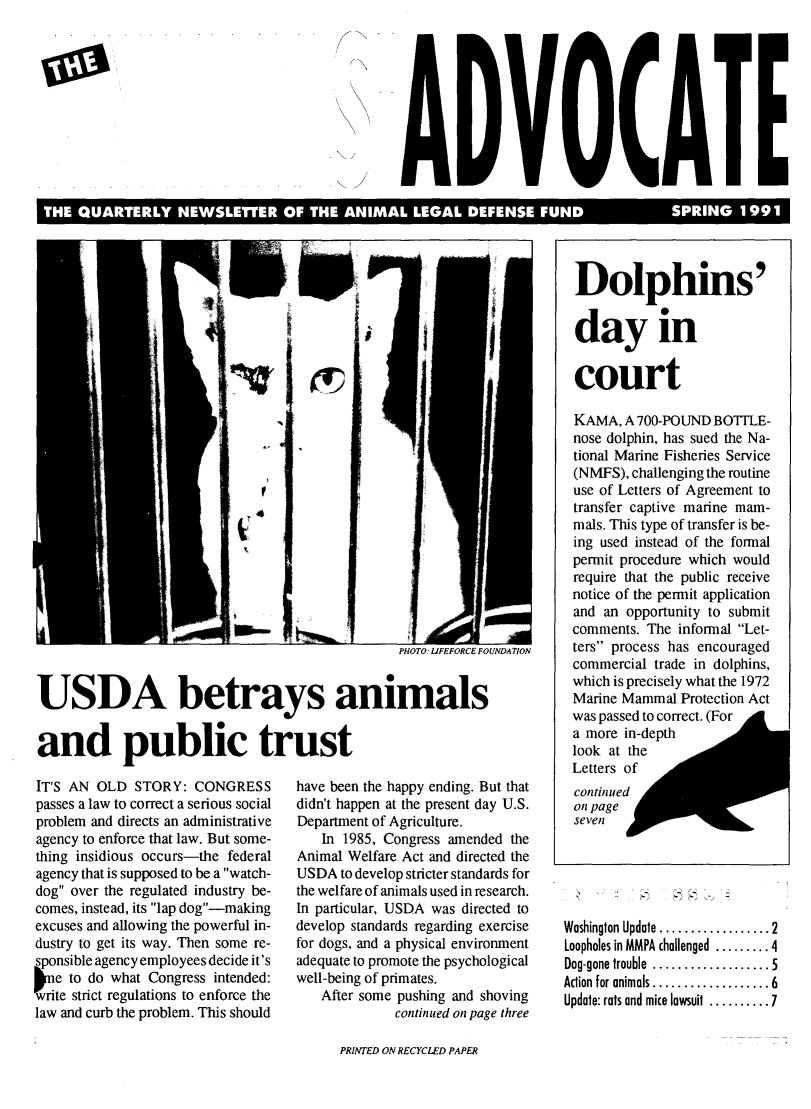 handle is hein.animal/aniad1991 and id is 1 raw text is: 








TH QARELNESETROTH  ANIAL LEALDFNEUDSPIG19


PHOTO: 1UFEFORCE FOUNDATION


USDA betrays animals

and public trust


IT'S AN OLD STORY: CONGRESS
passes a law to correct a serious social
problem and directs an administrative
agency to enforce that law. But some-
thing insidious occurs-the federal
agency that is supposed to be a watch-
dog over the regulated industry be-
comes, instead, its lap dog-making
excuses and allowing the powerful in-
dustry to get its way. Then some re-
sponsible agency employees decide it's
   e to do what Congress intended:
trite strict regulations to enforce the
law and curb the problem. This should


have been the happy ending. But that
didn't happen at the present day U.S.
Department of Agriculture.
   In 1985, Congress amended the
Animal Welfare Act and directed the
USDA to develop stricter standards for
the welfare of animals used in research.
In particular, USDA was directed to
develop standards regarding exercise
for dogs, and a physical environment
adequate to promote the psychological
well-being of primates.
   After some pushing and shoving
             continued on page three


Dolphins'

day in

court
KAMA, A 700-POUND BOTTLE-
nose dolphin, has sued the Na-
tional Marine Fisheries Service
(NMFS), challenging the routine
use of Letters of Agreement to
transfer captive marine mam-
mals. This type of transfer is be-
ing used instead of the formal
permit procedure which would
require that the public receive
notice of the permit application
and an opportunity to submit
comments. The informal Let-
ters process has encouraged
commercial trade in dolphins,
which is precisely what the 1972
Marine Mammal Protection Act
was passed to correct. (For
a more in-depth
look at the
Letters of
continued
on page
seven


Washington Update ............    2
Loopholes in MMPA challenged ......... 4
Dog-gone trouble  ................... 5
Action for animals ................... 6
Update: rats and mice lawsuit .......... 7


PRINTED ON RECYCLED PAPER


00


l\




/


( II


