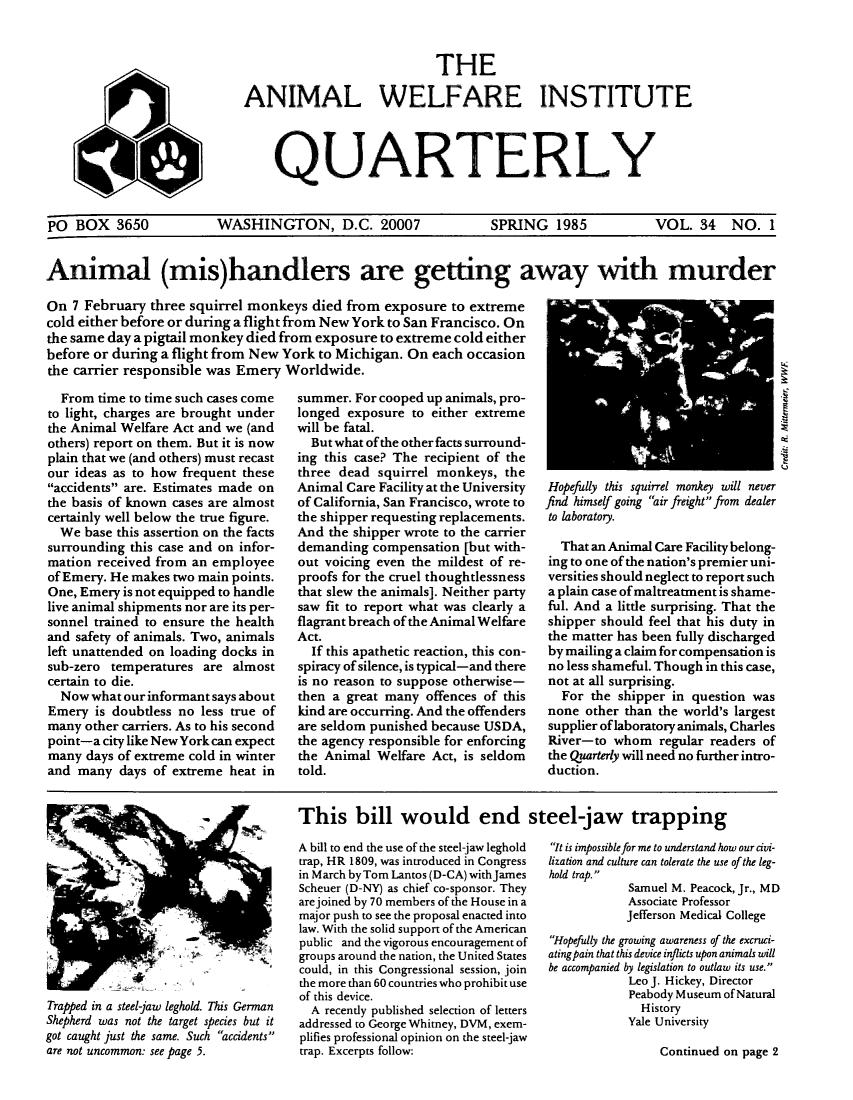 handle is hein.animal/awiqu0034 and id is 1 raw text is: 



                            THE

ANIMAL WELFARE INSTITUTE




    QUARTERLY


PO BOX 3650


WASHINGTON, D.C. 20007


SPRING 1985


VOL. 34 NO. 1


Animal (mis)handlers are getting away with murder

On 7 February three squirrel monkeys died from exposure to extreme
cold either before or during a flight from New York to San Francisco. On
the same day a pigtail monkey died from exposure to extreme cold either
before or during a flight from New York to Michigan. On each occasion
the carrier responsible was Emery Worldwide.


  From time to time such cases come
to light, charges are brought under
the Animal Welfare Act and we (and
others) report on them. But it is now
plain that we (and others) must recast
our ideas as to how frequent these
accidents are. Estimates made on
the basis of known cases are almost
certainly well below the true figure.
  We base this assertion on the facts
surrounding this case and on infor-
mation received from an employee
of Emery. He makes two main points.
One, Emery is not equipped to handle
live animal shipments nor are its per-
sonnel trained to ensure the health
and safety of animals. Two, animals
left unattended on loading docks in
sub-zero temperatures are almost
certain to die.
  Now what our informant says about
Emery is doubtless no less true of
many other carriers. As to his second
point-a city like New York can expect
many days of extreme cold in winter
and many days of extreme heat in


summer. For cooped up animals, pro-
longed exposure to either extreme
will be fatal.
  But what of the other facts surround-
ing this case? The recipient of the
three dead squirrel monkeys, the
Animal Care Facility at the University
of California, San Francisco, wrote to
the shipper requesting replacements.
And the shipper wrote to the carrier
demanding compensation [but with-
out voicing even the mildest of re-
proofs for the cruel thoughtlessness
that slew the animals]. Neither party
saw fit to report what was clearly a
flagrant breach of the Animal Welfare
Act.
  If this apathetic reaction, this con-
spiracy of silence, is typical-and there
is no reason to suppose otherwise-
then a great many offences of this
kind are occurring. And the offenders
are seldom punished because USDA,
the agency responsible for enforcing
the Animal Welfare Act, is seldom
told.


U


Hopefully this squirrel monkey will never
find himself going air freight from dealer
to laboratory.

  That an Animal Care Facility belong-
ing to one of the nation's premier uni-
versities should neglect to report such
a plain case of maltreatment is shame-
ful. And a little surprising. That the
shipper should feel that his duty in
the matter has been fully discharged
by mailing a claim for compensation is
no less shameful. Though in this case,
not at all surprising.
  For the shipper in question was
none other than the world's largest
supplier of laboratory animals, Charles
River-to whom regular readers of
the Quarterly will need no further intro-
duction.


Z.    This bill would end steel-jaw trapping


Trapped in a steel-jaw leghold. This German
Shepherd was not the target species but it
got caught just the same. Such accidents
are not uncommon: see page 5.


A bill to end the use of the steel-jaw leghold
trap, HR 1809, was introduced in Congress
in March by Tom Lantos (D-CA) withJames
Scheuer (D-NY) as chief co-sponsor. They
arejoined by 70 members of the House in a
major push to see the proposal enacted into
law. With the solid support of the American
public and the vigorous encouragement of
groups around the nation, the United States
could, in this Congressional session, join
the more than 60 countries who prohibit use
of this device.
  A recently published selection of letters
addressed to George Whitney, DVM, exem-
plifies professional opinion on the steel-jaw
trap. Excerpts follow:


It is impossible for me to understand how our civi-
lization and culture can tolerate the use of the leg-
hold trap.
            Samuel M. Peacock, Jr., MD
            Associate Professor
            Jefferson Medical College
Hopefully the growing awareness of the excruci-
ating pain that this device inflicts upon animals will
be accompanied by legislation to outlaw its use.
            Leo J. Hickey, Director
            Peabody Museum of Natural
              History
            Yale University

                Continued on page 2



