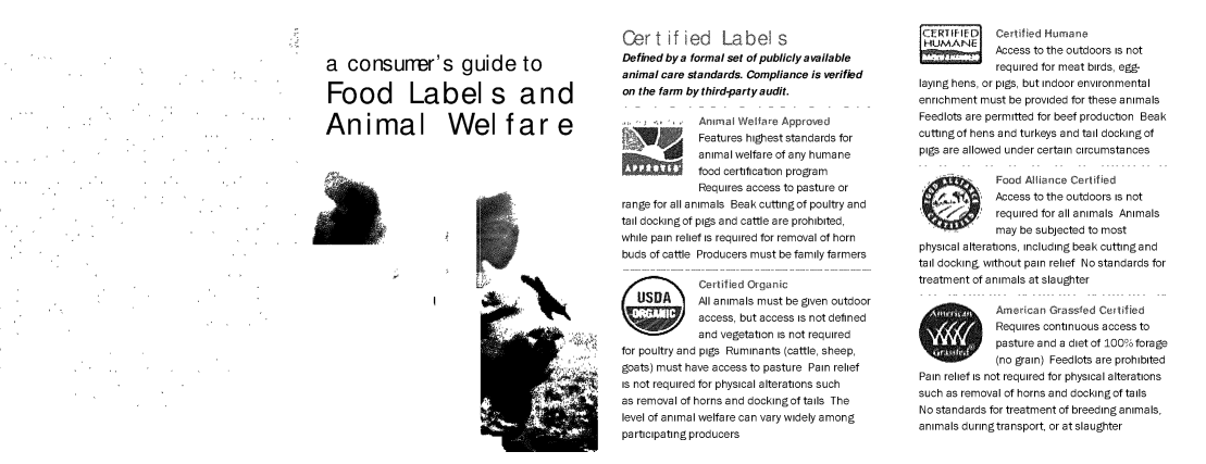 handle is hein.animal/cgfolpg0001 and id is 1 raw text is: a consurrer's guide to
Food Label s and
Animal Welfare

t if ied        Label s
Defined by a formal set of publicly available
animal care standards. Compliance is verified
on the farm by third-party audit.
,,,-      Anrmal Welfare Approved
Features highest standards for
animal welfare of any humane
food certification program
Requires access to pasture or
range for all animals Beak cuttingof poultry and
tail dockingof pigs and cattle are prohibited,
while pain relief is required for removal of horn
buds of cattle Producers must be family farmers
~Certified Organic
All animals must be given outdoor
access, but access is not defined
and vegetation is not required
for poultry and pigs Ruminants (cattle, sheep,
goats) must have access to pasture Pain relief
is not required for physical alterations such
as removal of horns and dockingof tails The
level of animal welfare can vary widely among
participating producers

fCertified Humane
Access to the outdoors is not
required for meat birds, egg-
laying hens, or pigs, but indoor environmental
enrichment must be provided for these animals
Feedlots are permitted for beef production Beak
cuttingof hens and turkeys and tail docking of
pigs are allowed under certain circumstances
Food Alliance Certified
Access to the outdoors is not
Y-'        required for all animals Animals
may be subjected to most
physical alterations, including beak cuttingand
tail docking without pain relief No standards for
treatment of animals at slaughter
~American Grassfed Certified
Requires continuous access to
pasture and a diet of 100% forage
(no grain) Feedlots are prohibited
Pain relief is not required for physical alterations
such as removal of horns and dockingof tails
No standards for treatment of breeding animals,
animals duringtransport, or at slaughter

E'
!bi  Vk


