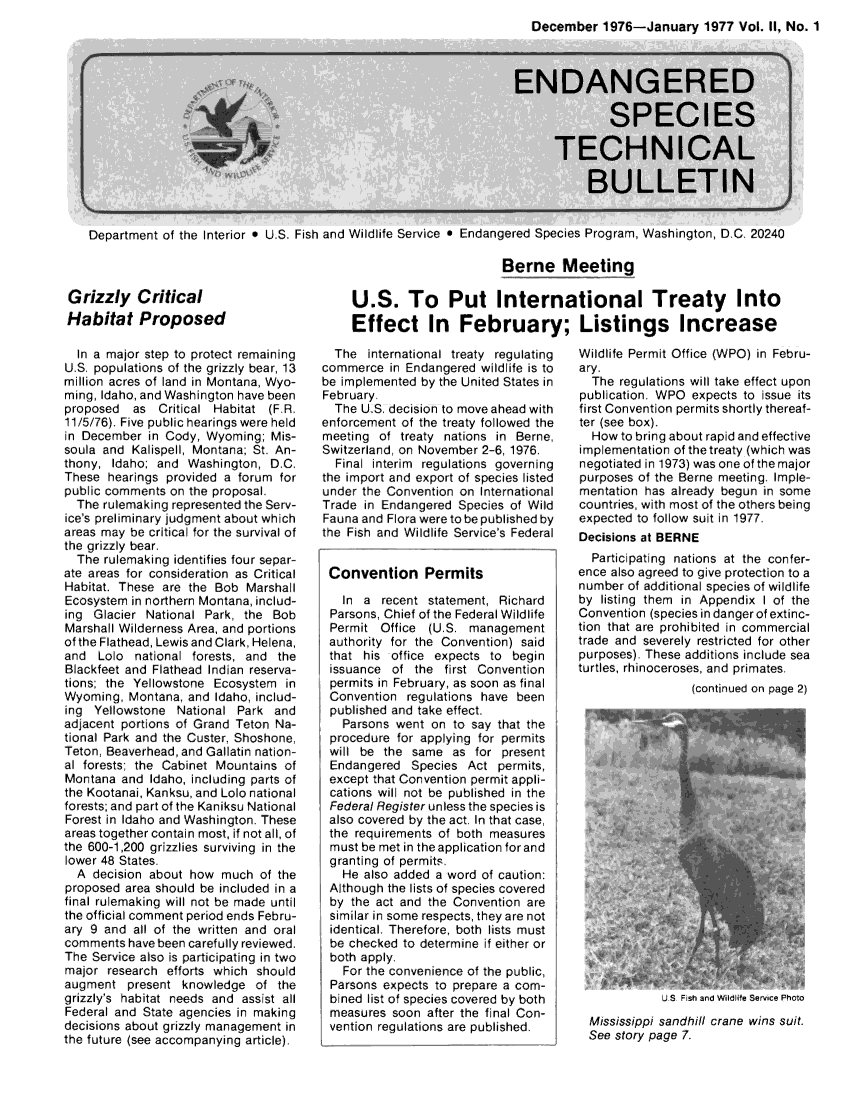 handle is hein.animal/endanspb0002 and id is 1 raw text is: 
December   1976-January 1977 Vol. II.  No. 1


Department of the Interior * U.S. Fish and Wildlife Service *


Grizzly Critical
Habitat Proposed


cies Program, Washington, DQ.


                       Berne Meeting

U.S. To Put International Treaty Into
Effect In February; Listings Increase


  In a major step to protect remaining
U.S. populations of the grizzly bear, 13
million acres of land in Montana, Wyo-
ming, Idaho, and Washington have been
proposed   as  Critical Habitat (F.R.
11/5/76). Five public hearings were held
in December  in Cody, Wyoming;  Mis-
soula and Kalispell, Montana; St. An-
thony, Idaho; and  Washington,  D.C.
These  hearings provided a forum for
public comments on the proposal.
  The rulemaking represented the Serv-
ice's preliminary judgment about which
areas may be critical for the survival of
the grizzly bear,
  The rulemaking identifies four separ-
ate areas for consideration as Critical
Habitat. These are the Bob  Marshall
Ecosystem in northern Montana, includ-
ing  Glacier National Park, the Bob
Marshall Wilderness Area, and portions
of the Flathead, Lewis and Clark, Helena,
and  Lolo  national forests, and the
Blackfeet and Flathead Indian reserva-
tions; the Yellowstone Ecosystem  in
Wyoming,  Montana, and Idaho, includ-
ing  Yellowstone National  Park and
adjacent portions of Grand Teton Na-
tional Park and the Custer, Shoshone,
Teton, Beaverhead, and Gallatin nation-
al forests; the Cabinet Mountains of
Montana  and Idaho, including parts of
the Kootanai, Kanksu, and Lolo national
forests; and part of the Kaniksu National
Forest in Idaho and Washington. These
areas together contain most, if not all, of
the 600-1,200 grizzlies surviving in the
lower 48 States.
  A decision about how  much  of the
proposed area should be included in a
final rulemaking will not be made until
the official comment period ends Febru-
ary 9 and  all of the written and oral
comments  have been carefully reviewed.
The Service also is participating in two
major  research efforts which should
augment   present knowledge  of  the
grizzly's habitat needs and assist all
Federal and State agencies in making
decisions about grizzly management in
the future (see accompanying article).


  The  international treaty regulating
commerce  in Endangered wildlife is to
be implemented by the United States in
February.
  The U.S. decision to move ahead with
enforcement of the treaty followed the
meeting  of treaty nations in Berne,
Switzerland, on November 2-6, 1976.
  Final interim regulations governing
the import and export of species listed
under the Convention on International
Trade  in Endangered Species of Wild
Fauna and Flora were to be published by
the Fish and Wildlife Service's Federal


Convention Permits

   In a  recent statement, Richard
 Parsons, Chief of the Federal Wildlife
 Permit  Office (U.S.  management
 authority for the Convention) said
 that his  office expects to begin
 issuance  of the  first Convention
 permits in February, as soon as final
 Convention  regulations have been
 published and take effect.
   Parsons went  on to say that the
 procedure  for applying for permits
 will be the  same  as  for present
 Endangered   Species Act  permits,
 except that Convention permit appli-
 cations will not be published in the
 Federal Register unless the species is
 also covered by the act. In that case,
 the requirements of both measures
 must be met in the application for and
 granting of permits.
   He also added a word  of caution:
 Although the lists of species covered
 by the act and the Convention  are
 similar in some respects, they are not
 identical. Therefore, both lists must
 be checked to determine if either or
 both apply.
   For the convenience of the public,
 Parsons expects to prepare a com-
 bined list of species covered by both
 measures  soon after the final Con-
 vention regulations are published.


Wildlife Permit Office (WPO) in Febru-
ary.
  The regulations will take effect upon
publication. WPO  expects to issue its
first Convention permits shortly thereaf-
ter (see box).
  How  to bring about rapid and effective
implementation of the treaty (which was
negotiated in 1973) was one of the major
purposes of the Berne meeting. Imple-
mentation has already begun  in some
countries, with most of the others being
expected to follow suit in 1977.
Decisions at BERNE
  Participating nations at the confer-
ence also agreed to give protection to a
number  of additional species of wildlife
by  listing them in Appendix I of the
Convention (species in danger of extinc-
tion that are prohibited in commercial
trade and severely restricted for other
purposes). These additions include sea
turtles, rhinoceroses, and primates.
                  (continued on page 2)


Mississippi sandhill crane wins suit.
See story page 7.


