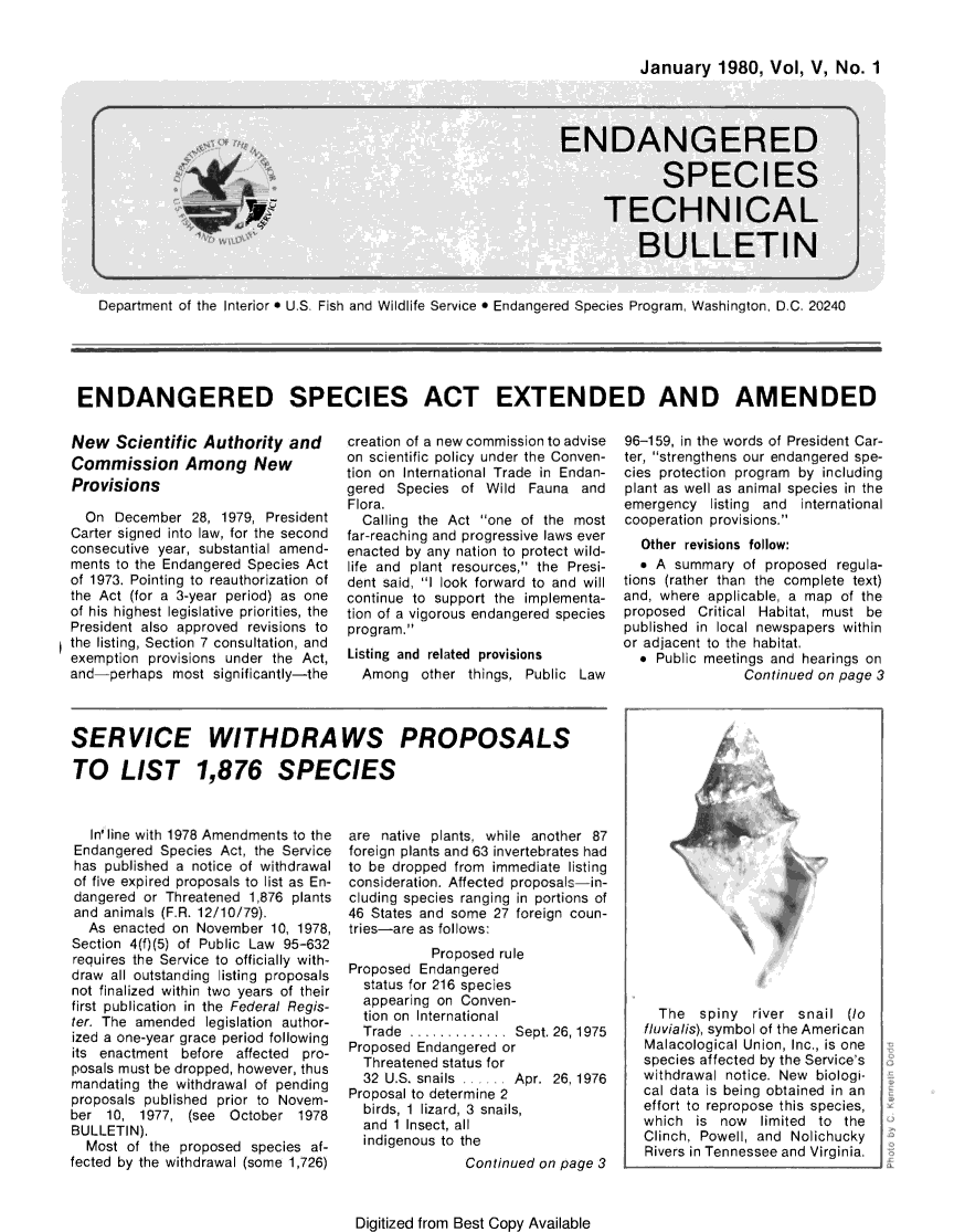 handle is hein.animal/endanspb0005 and id is 1 raw text is: 


January   1980,  Vol,  V, No.  1


Department of the interior * U.S. Fish and Wildlife Service * Endangered Species Program, Washington, DC. 20240


ENDANGERED SPECIES ACT EXTENDED AND AMENDED


New   Scientific  Authority  and
Commission Among New
Provisions

  On  December  28, 1979, President
Carter signed into law, for the second
consecutive year, substantial amend-
ments to the Endangered Species Act
of 1973. Pointing to reauthorization of
the Act (for a 3-year period) as one
of his highest legislative priorities, the
President also approved revisions to
the listing, Section 7 consultation, and
exemption provisions under the Act,
and-perhaps   most significantly-the


creation of a new commission to advise
on scientific policy under the Conven-
tion on International Trade in Endan-
gered  Species of  Wild Fauna   and
Flora.
  Calling the Act one of the  most
far-reaching and progressive laws ever
enacted by any nation to protect wild-
life and plant resources, the Presi-
dent said, I look forward to and will
continue to support the implementa-
tion of a vigorous endangered species
program.
Listing and related provisions
  Among   other things, Public Law


96-159, in the words of President Car-
ter, strengthens our endangered spe-
cies protection program by including
plant as well as animal species in the
emergency   listing and international
cooperation provisions.
  Other revisions follow:
  * A  summary  of proposed  regula-
tions (rather than the complete text)
and, where applicable, a map of the
proposed  Critical Habitat, must be
published in local newspapers within
or adjacent to the habitat,
  * Public meetings and hearings on
                Continued on page 3


SERVICE WITHDRAWS PROPOSALS

TO LIST 1,876 SPECIES


   In' line with 1978 Amendments to the
Endangered  Species Act, the Service
has  published a notice of withdrawal
of five expired proposals to list as En-
dangered  or Threatened 1,876 plants
and  animals (F.R. 12/10/79).
  As  enacted on November  10, 1978,
Section 4(f)(5) of Public Law 95-632
requires the Service to officially with-
draw all outstanding listing proposals
not finalized within two years of their
first publication in the Federal Regis-
ter. The amended  legislation author-
ized a one-year grace period following
its enactment  before affected pro-
posals must be dropped, however, thus
mandating the withdrawal of pending
proposals published prior to Novem-
ber  10, 1977,  (see October   1978
BULLETIN).
  Most  of the proposed species af-
fected by the withdrawal (some 1,726)


are native plants, while another 87
foreign plants and 63 invertebrates had
to be dropped from immediate  listing
consideration. Affected proposals-in-
cluding species ranging in portions of
46 States and some  27 foreign coun-
tries-are as follows:
           Proposed rule
Proposed  Endangered
  status for 216 species
  appearing on Conven-
  tion on International
  Trade ............Sept.   26,1975
Proposed Endangered  or
  Threatened status for
  32 U.S. snails  ..  Apr.  26, 1976
Proposal to determine 2
  birds, 1 lizard, 3 snails,
  and 1 Insect, all
  indigenous to the
                Continued on page 3


 Digitized from Best Copy Available


  The   spiny  river snail (lo
fluvialis), symbol of the American
Malacological Union, Inc., is one
species affected by the Service's
withdrawal notice. New biologi-
cal data is being obtained in an
effort to repropose this species,
which  is now   limited to the
Clinch, Powell, and Nolichucky
Rivers in Tennessee and Virginia.


