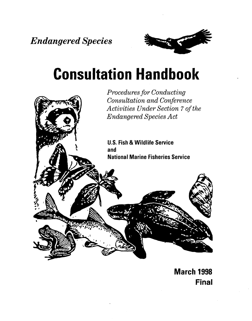 handle is hein.animal/endspachbk0001 and id is 1 raw text is: 





Endangered Species


      Consultation Handbook


Procedures for Conducting
Consultation and Conference
Activities Under Section 7 of the
Endangered Species Act


U.S. Fish & Wildlife Service
and
National Marine Fisheries Service


a
'4
VII
f '


- -v *,


March 1998
      Final


