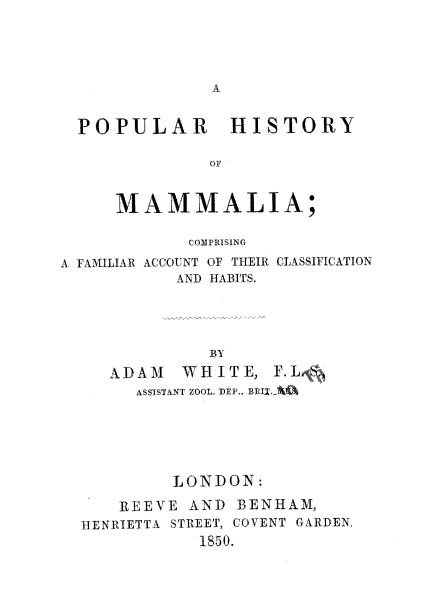 handle is hein.animal/phmmliac0001 and id is 1 raw text is: 







  POPULAR HISTORY

              OF


     MAMMALIA;

            (O i PRI[ SNG

A FAMILIAR ACCOUNT OF THEIR CLASSIFICATION
           AND HABITS.




              BY
     ADAM   WHITE, F.L
       ASSSTANT ZOOL, DEl., BIt 11 t'





           LONDON:

      REEVE AND BENHAM,
  HENRIETTA STREET, COVENT GARDEN
             1850.


