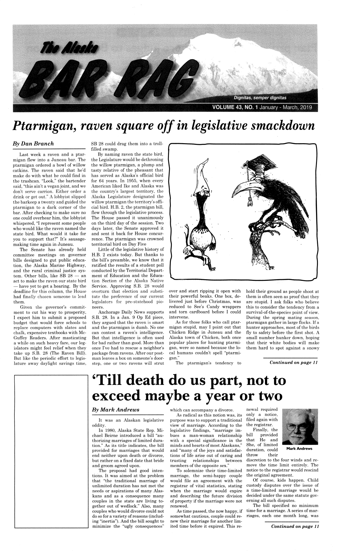 handle is hein.barjournals/askabar0043 and id is 1 raw text is: 
























Ptarmigan, raven square off in legislative smackdown


By  Dan   Branch

   Last week  a raven and  a ptar-
migan  flew into a Juneau bar. The
ptarmigan  ordered a bowl of willow
catkins. The raven  said that he'd
make  do with what he could find in
the trashcan. Look, the bartender
said, this ain't a vegan joint, and we
don't serve carrion. Either order a
drink or get out. A lobbyist slipped
the barkeep a twenty and guided the
ptarmigan  to a dark corner of the
bar. After checking to make sure no
one could overhear him, the lobbyist
whispered, I represent some people
who  would like the raven named the
state bird. What would  it take for
you  to support that? It's sausage-
making  time again in Juneau.
   The  Senate  has  already  held
committee   meetings  on  governor
bills designed to gut public educa-
tion, the Alaska Marine  Highway,
and  the rural criminal justice sys-
tem.  Other bills, like SB 28 - an
act to make the raven our state bird
-  have yet to get a hearing. By the
deadline for this column, the House
had  finally chosen someone to lead
them.
    Given  the governor's commit-
 ment to cut his way to prosperity,
 I expect him to submit a proposed
 budget that would force schools to
 replace computers with slates and
 chalk, expensive textbooks with Mc-
 Guffey Readers. After masticating
 a while on such heavy fare, our leg-
 islators might feel relief when they
 take up S.B. 28 (The Raven  Bill).
 But like the periodic effort to legis-
 lature away daylight savings time,


SB 28 could drag them into a troll-
filled swamp.
   By naming  raven the state bird,
the Legislature would be dethroning
the willow ptarmigan, a plump and
tasty relative of the pheasant that
has served as Alaska's official bird
for 64 years. In 1955, when every
American  liked Ike and Alaska was
the country's largest territory, the
Alaska  Legislature designated the
willow ptarmigan the territory's offi-
cial bird. H.B. 2, the ptarmigan bill,
flew through the legislative process.
The  House  passed it unanimously
on the third day of the session. Two
days later, the Senate approved it
and  sent it back for House concur-
rence. The ptarmigan was  crowned
territorial bird on Day Five
   Little of the legislative history of
H.B. 2 exists today. But thanks to
the bill's preamble, we know that it
ratified the results of a student poll
conducted by the Territorial Depart-
ment  of Education and the Educa-
tion Section of the Alaska Native
Service. Approving S.B. 28  would
overturn that election and substi-
tute the preference of our current
legislators for pre-statehood pio-
neers.
   Anchorage  Daily News supports
S.B. 28. In a Jan. 9 Op  Ed piece,
they argued that the raven is smart
and the ptarmigan is dumb. No one
can  contest a raven's intelligence.
But  that intelligence is often used
for bad rather than good. More than
once I've had to rescue a neighbor's
package from ravens. After our post-
man  leaves a box on someone's door-
step, one or two ravens will strut


over and start ripping it open with
their powerful beaks. One box, de-
livered just before Christmas, was
reduced  to See's Candy wrappers
and  torn cardboard before I could
intervene.
   As for those folks who call ptar-
migan  stupid, may I point out that
Chicken  Ridge in Juneau  and the
Alaska town  of Chicken, both once
popular places for hunting ptarmi-
gan, were so named because the lo-
cal humans  couldn't spell ptarmi-
gan.
   The   ptarmigan's tendency  to


hold their ground as people shoot at
them is often seen as proof that they
are stupid. I ask folks who believe
this to consider the tendency from a
survival-of-the-species point of view.
During  the spring mating  season,
ptarmigan gather in large flocks. If a
hunter approaches, most of the birds
fly to safety before the first shot. A
small number  hunker down, hoping
that their white bodies will make
them  hard to spot against a snowy


Continued  on page  11


'Till death do us part, not to


exceed maybe a year or two


By  Mark   Andrews


   It was  an Alaskan  legislative
oddity.
   In 1980, Alaska State Rep. Mi-
chael Beirne introduced a bill au-
thorizing marriages of limited dura-
tion. As its title indicates, the bill
provided for marriages that would
end neither upon death or divorce,
but rather on a fixed date that bride
and groom agreed upon.
   The  proposal had  good inten-
tions. It was aimed at the problem
that the traditional marriage of
unlimited duration has not met the
needs or aspirations of many Alas-
kans  and as a consequence  many
couples in the state are living to-
gether out of wedlock. Also, many
couples who would divorce could not
do so for a variety of reasons (includ-
ing inertia). And the bill sought to
minimize  the ugly consequences


which can accompany a divorce.
   As radical as this notion was. its
purpose was to support a traditional
view of marriage. According to the
legislative findings, marriage im-
bues  a  man-woman relationship
with a  special significance in the
minds and hearts of most Alaskans,
and many  of the joys and satisfac-
tions of life arise out of caring and
trusting  relationships  between
members  of the opposite sex.
   To solemnize their time-limited
marriage,  the semi-happy  couple
would  file an agreement with the
registrar of vital statistics, stating
when  the  marriage would  expire
and  describing the future division
of property if the marriage were not
renewed.
   As time passed, the now happy, if
somewhat  cautious, couple could re-
new their marriage for another lim-
ited time before it expired. This re-


newal  required
only  a  notice,
filed again with
the registrar.
   Finally, the
bill   provided
that  He   and
She, of limited
duration, could    Mark Andrews
throw     their
discretion to the four winds and re-
move  the time limit entirely. The
notice to the registrar would rescind
the original agreement.
   Of  course, kids happen. Child
custody disputes over the issue of
a time-limited marriage would  be
decided under the same statute gov-
erning all such disputes.
   The  bill specified no minimum
time for a marriage. A series of mar-
riages, each one month  long, was

            Continued  on page 11


I


