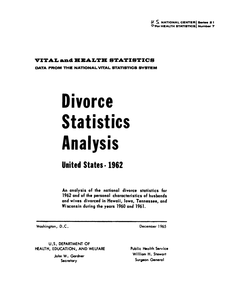 handle is hein.beal/divcstats0001 and id is 1 raw text is: 



                                            I. S NATIONAL CENTER Seri 21
                                            ;'or HEALTH STATISTICSI Number 7






VITA. and lZA.THEr STATISTICS
DATA FROM THE NATIONALVITAL STATISTICS SYSTEM







          Divorce



          Statistics



          Analysis



          United States. 1962




          An analysis of the national divorce statistics for
          1962 and of the personal characteristics of husbands
          and wives divorced in Hawaii, Iowa, Tennessee, and
          Wisconsin during the years 1960 and 1961.


Washington, D.C.


Decemtber 1965


     U.S. DEPARTMENT OF
HEALTH, EDUCATION, AND WELFARE
       John W. Gardner
          Secretary


Public Health Service
William H. Stewart
  Surgeon General


